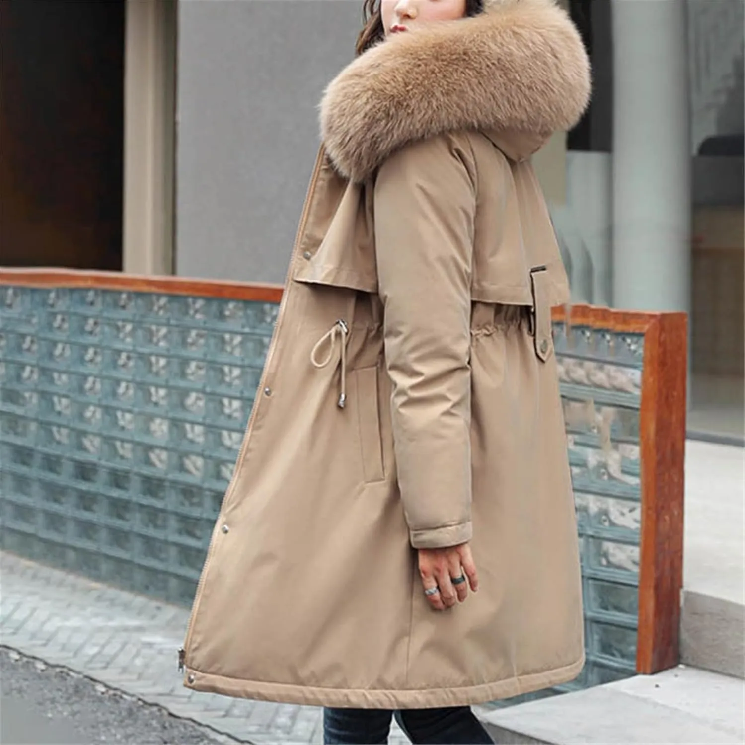 2024 Women's Fashion Trench Coat Fleece Hooded Warm Fleece Jackets Outerwear Padded Coat Winter Coats