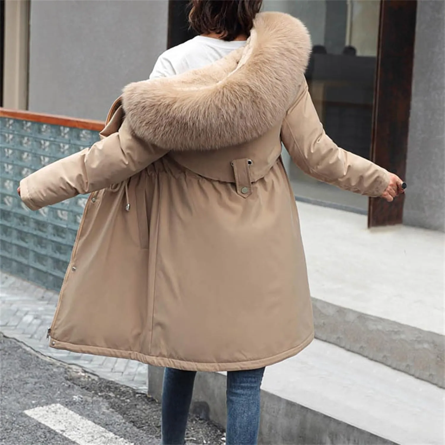 2024 Women's Fashion Trench Coat Fleece Hooded Warm Fleece Jackets Outerwear Padded Coat Winter Coats