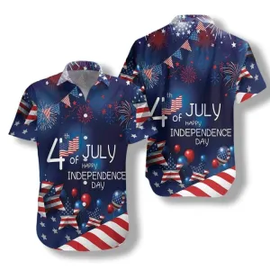 4th Of July Watercolor Hawaiian Shirt, American Flag Fireworks Hawaiian Shirt