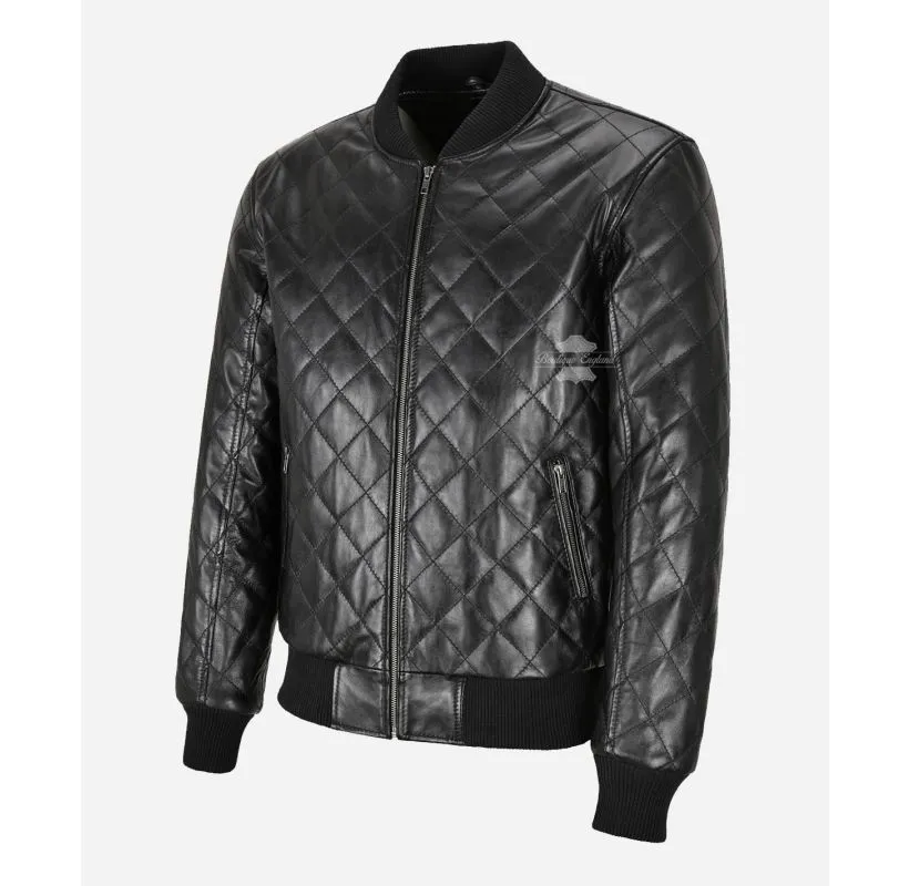 70s MA-1 Leather Bomber Jacket Diamond Quilted