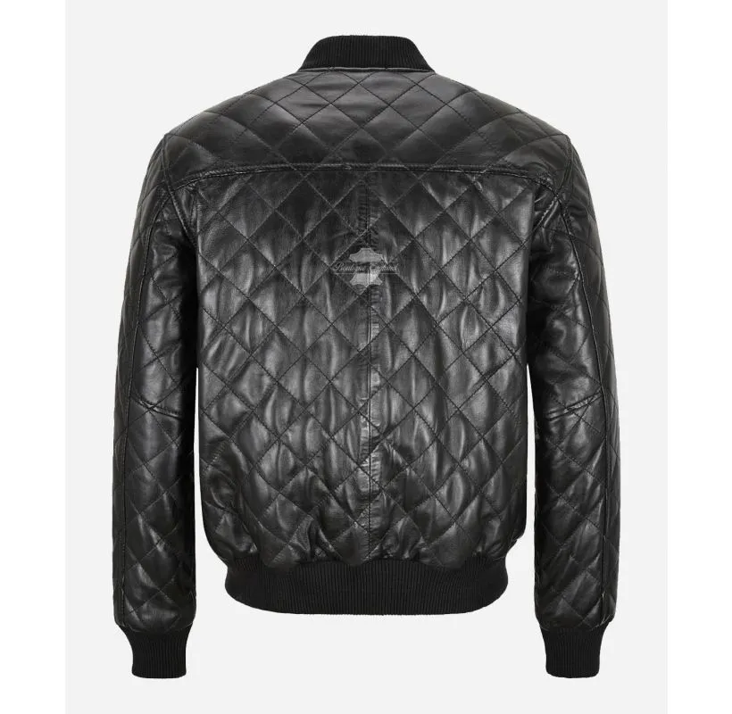 70s MA-1 Leather Bomber Jacket Diamond Quilted
