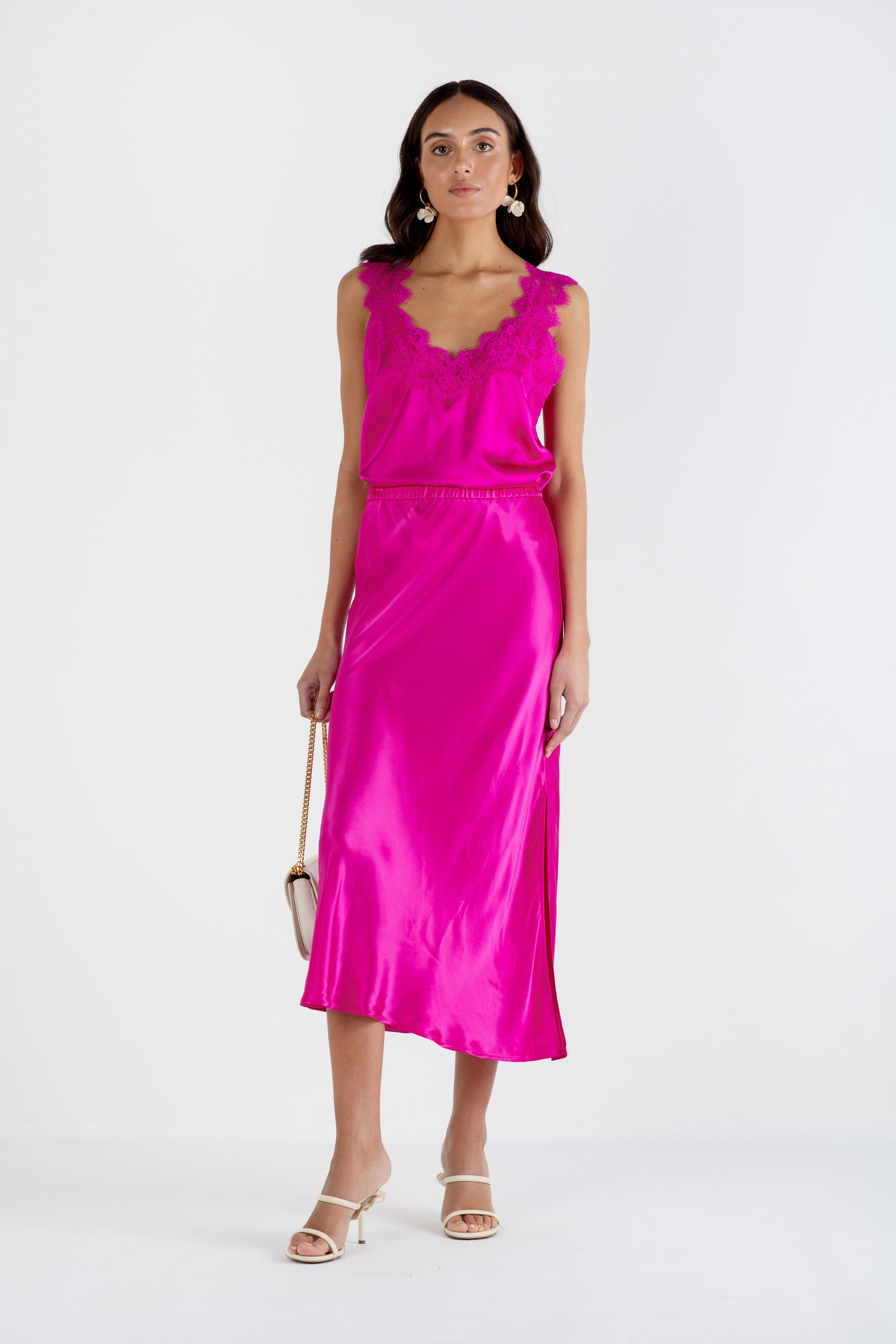 "The Becky" - Silk Cami (Bra Friendly Hot Pink) NonRestrictiveCollar Moisture wicking