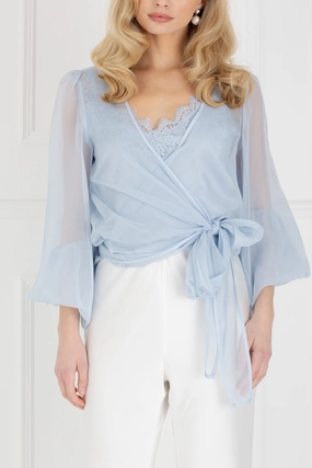 "The Jenny" - Sheer Wrap Blouse (Blue) Form Fit Halter neck