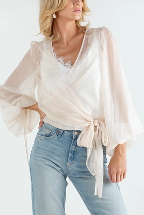 "The Jenny" - Sheer Wrap Blouse (Champagne) Slim Silhouette Velvet-Edge