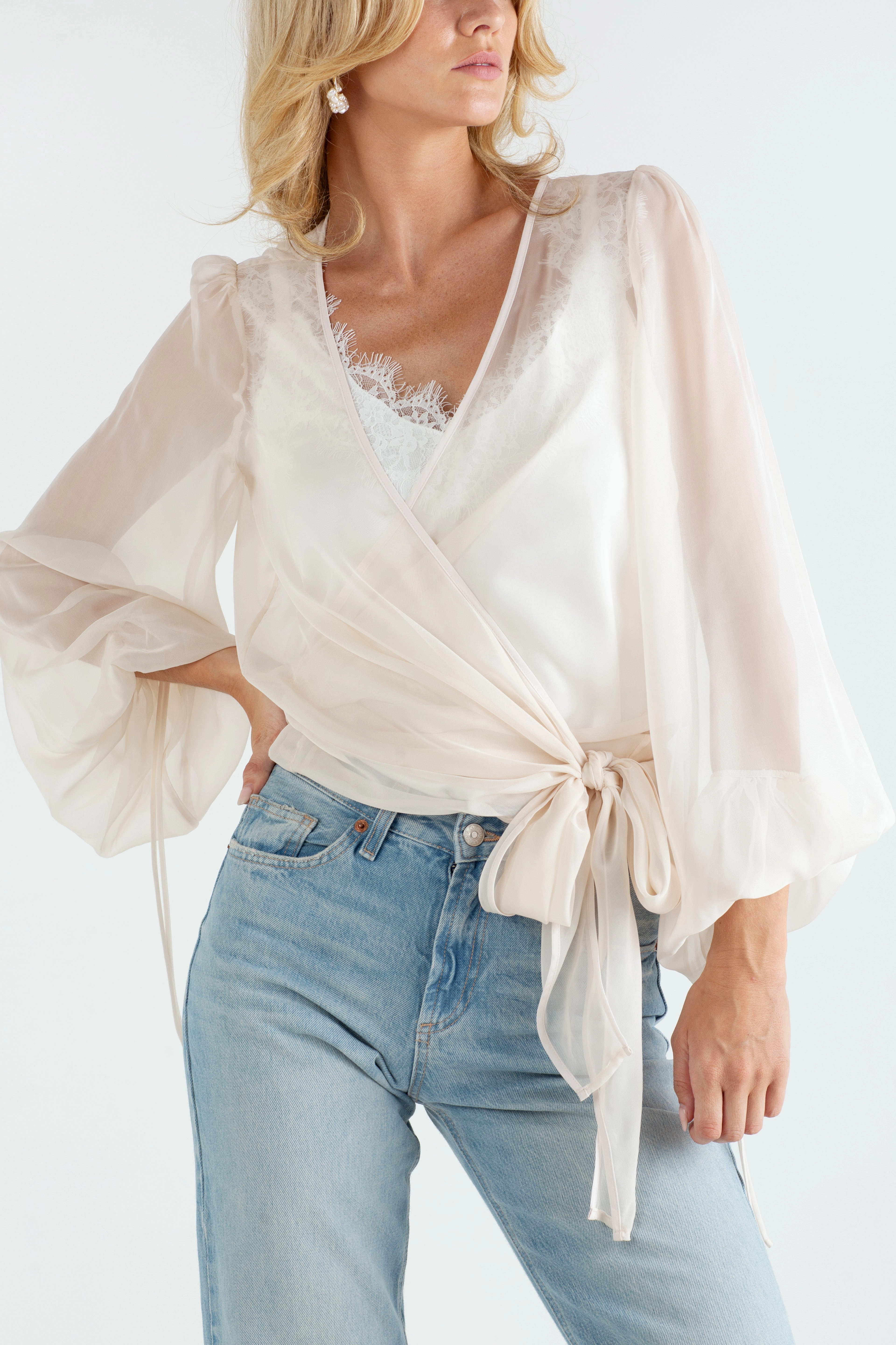 "The Jenny" - Sheer Wrap Blouse (Champagne) Slim Silhouette Velvet-Edge