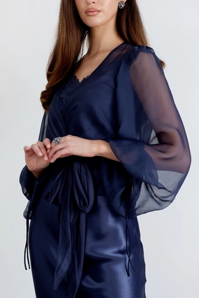 "The Jenny" - Sheer Wrap Blouse (Navy) Comfort and Elegance