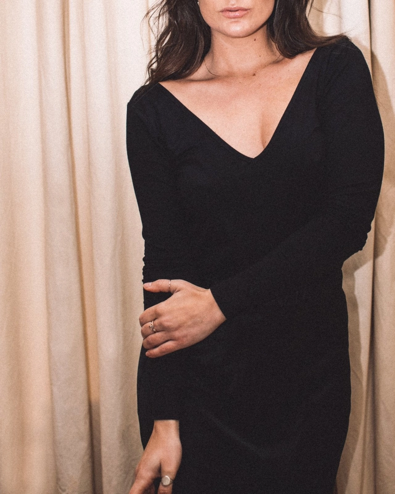 "The Marykate Longsleeve"- Lace Back Detail V-neck T-shirt (Black) Double Layered Hem