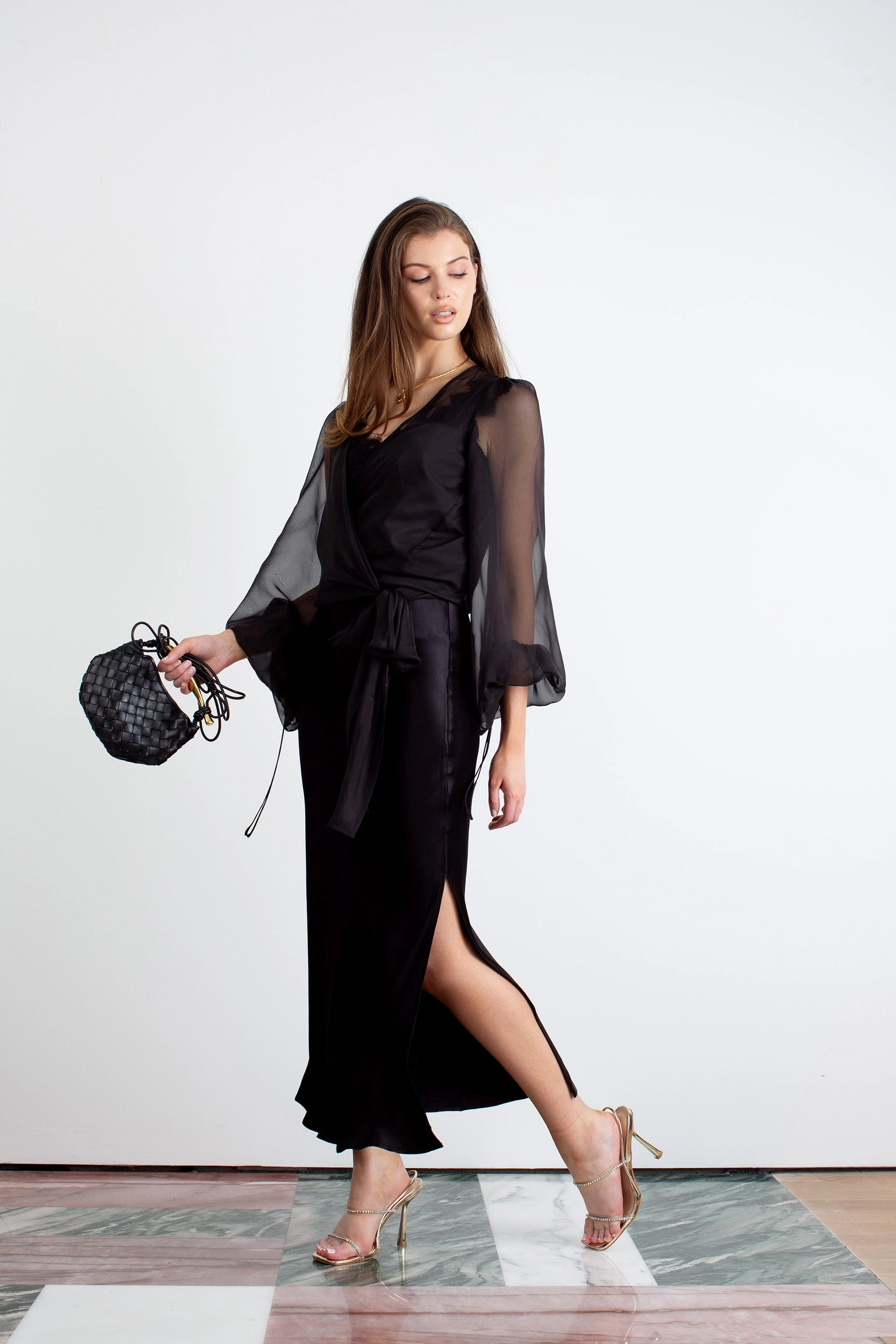 "The Orla" - Satin Midi Skirt (Black) Polished Layer