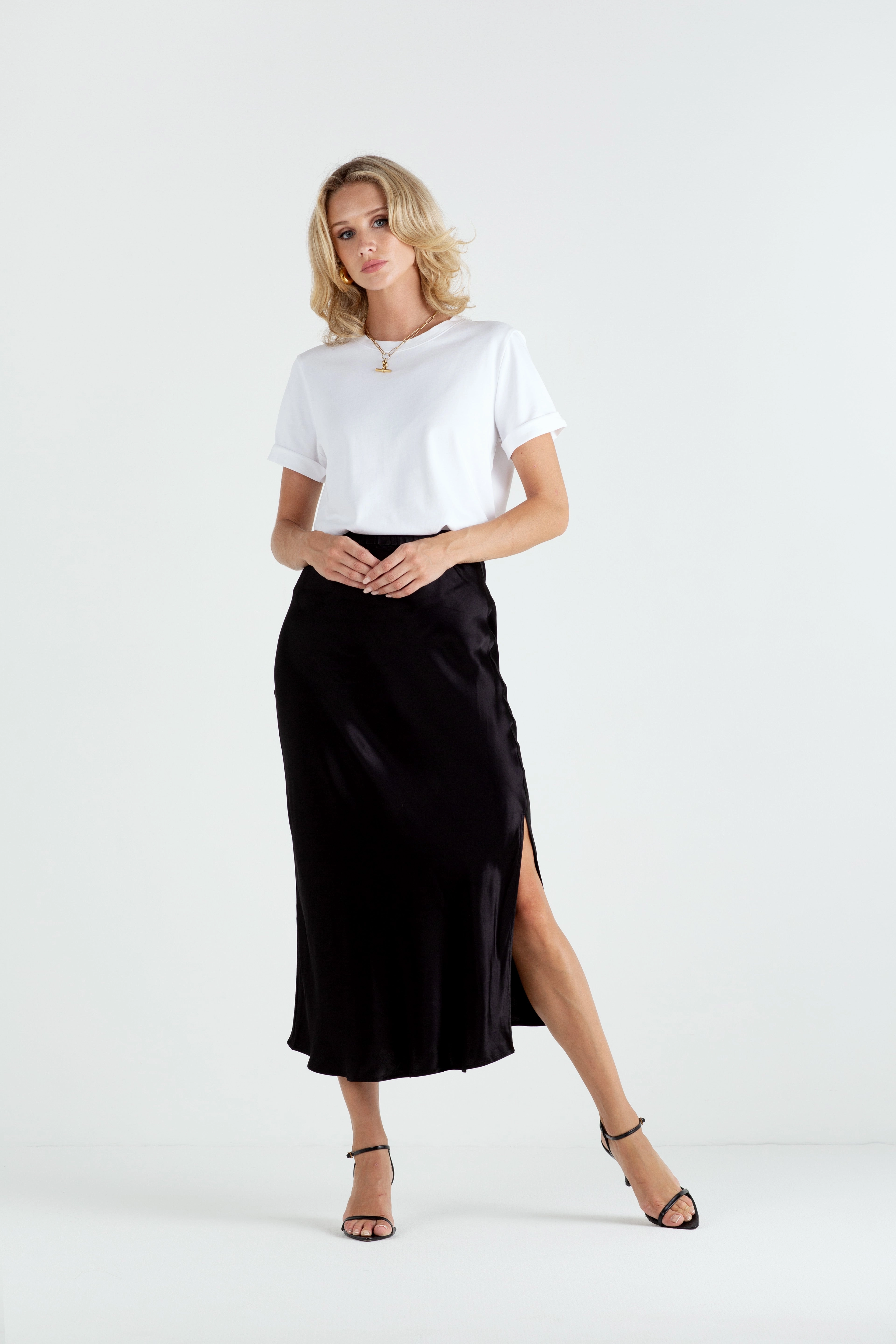 "The Orla" - Satin Midi Skirt (Black) Smooth Line