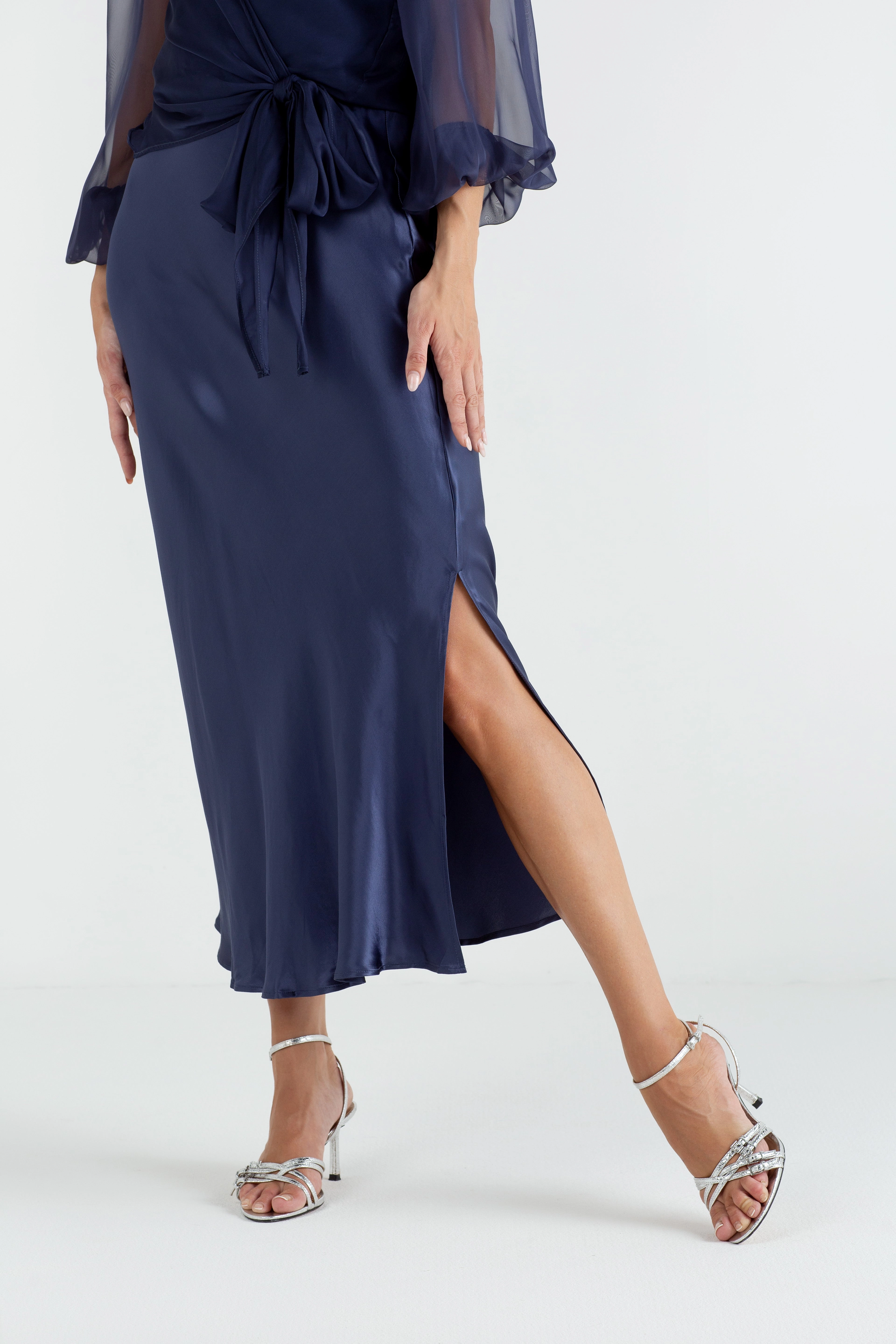 Holiday Wear "The Orla" - Satin Midi Skirt (Navy)