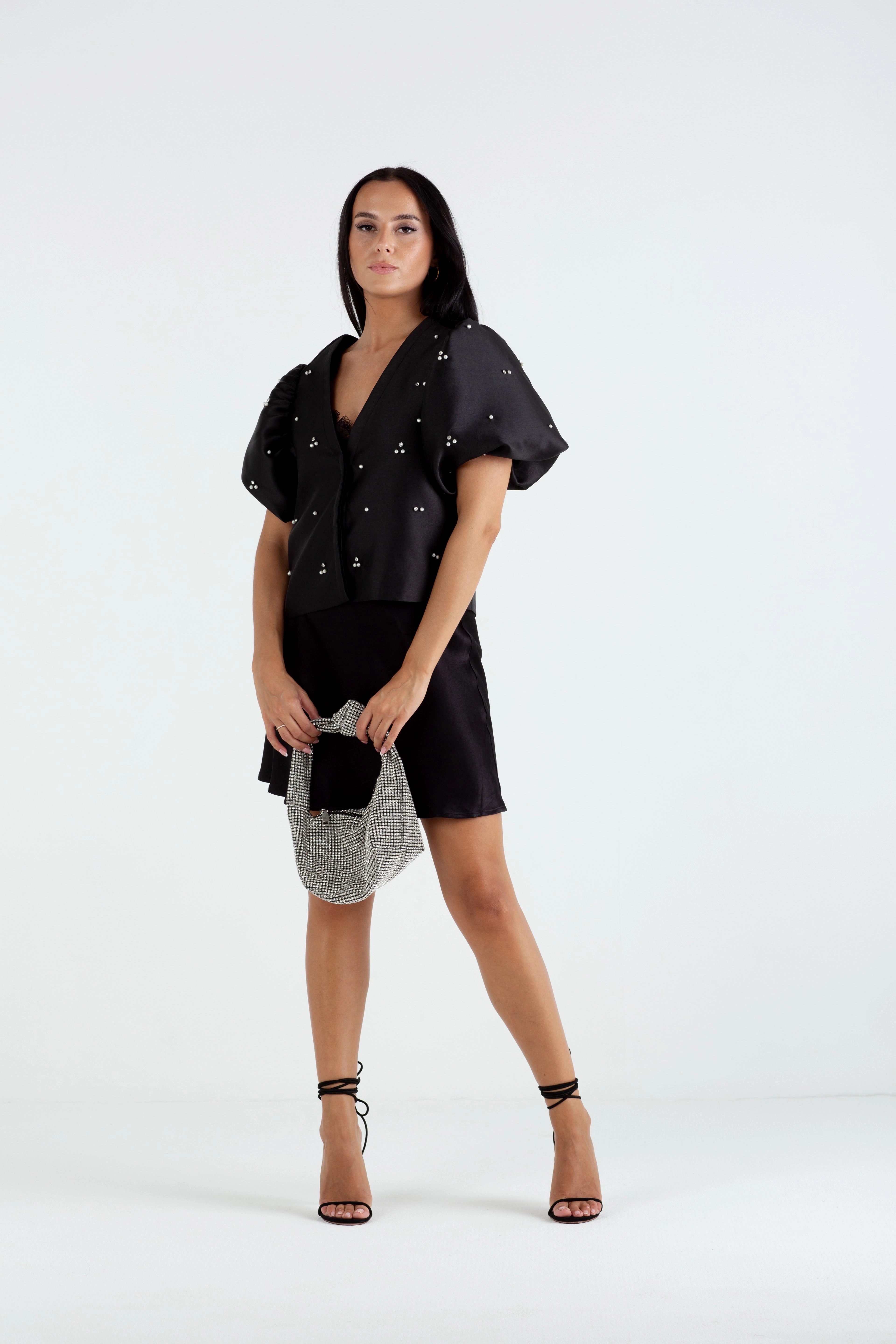 "The Orla" - Satin Mini Skirt (Black) Elegant Cut Church Proper