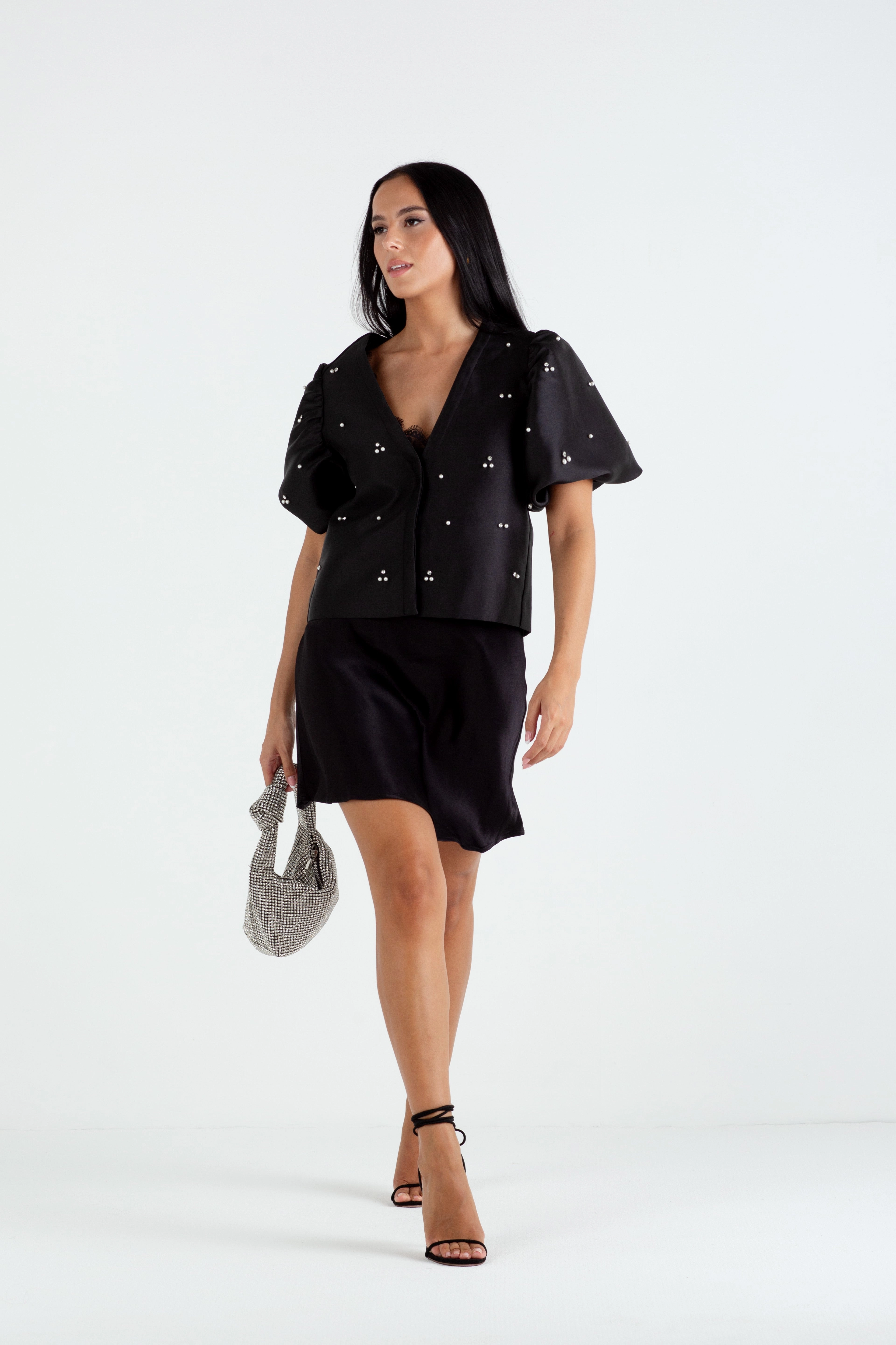 "The Orla" - Satin Mini Skirt (Black) Square Neck