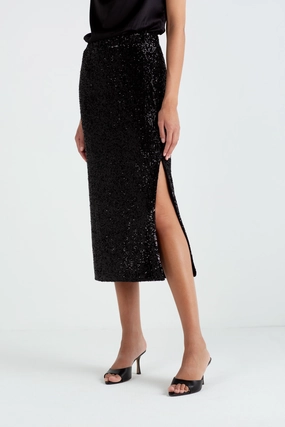 Casual and Comfy Lounge Moment "The Orla" - Sequin Midi Skirt (Black)