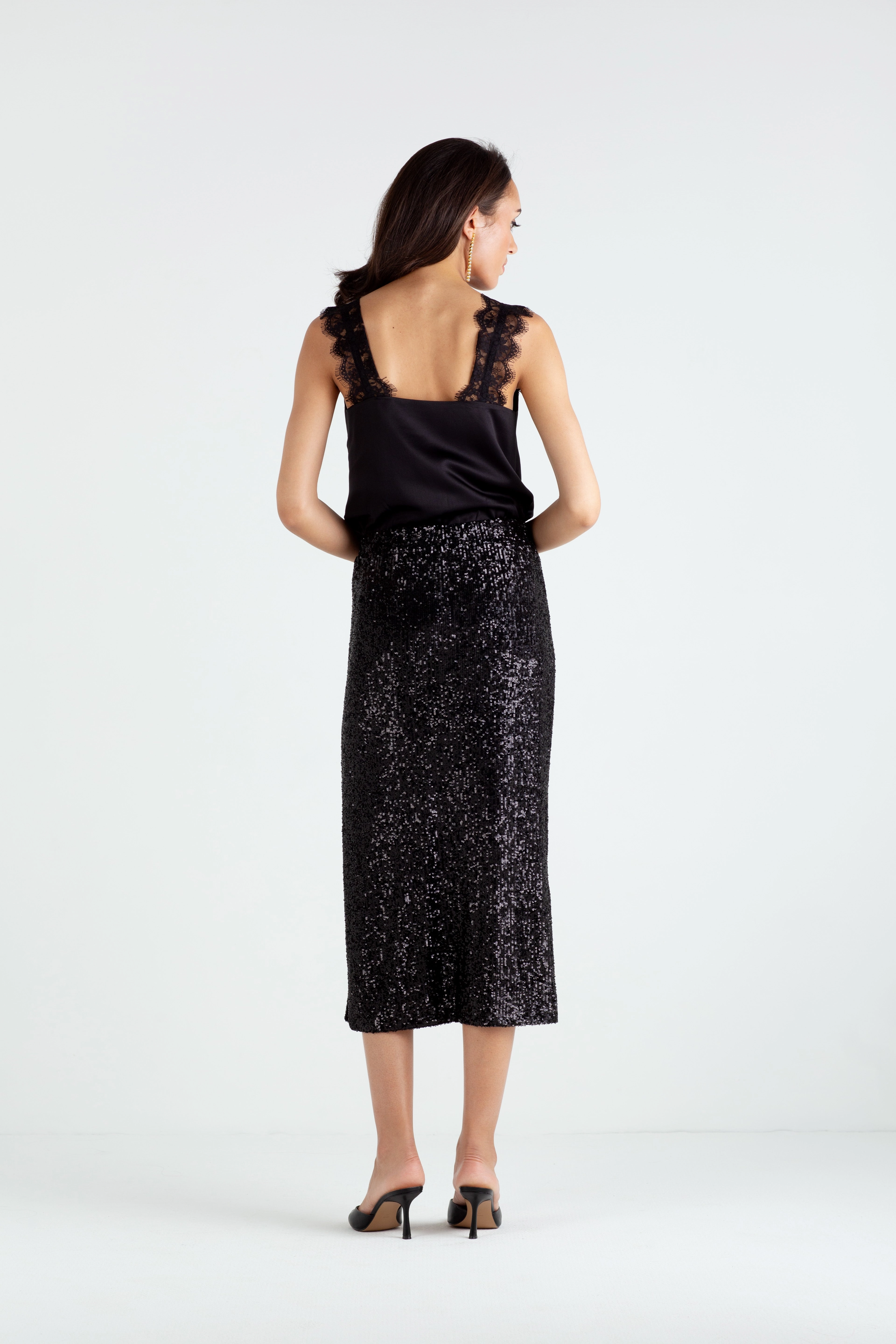 "The Orla" - Sequin Midi Skirt (Black) Cool Simplicity