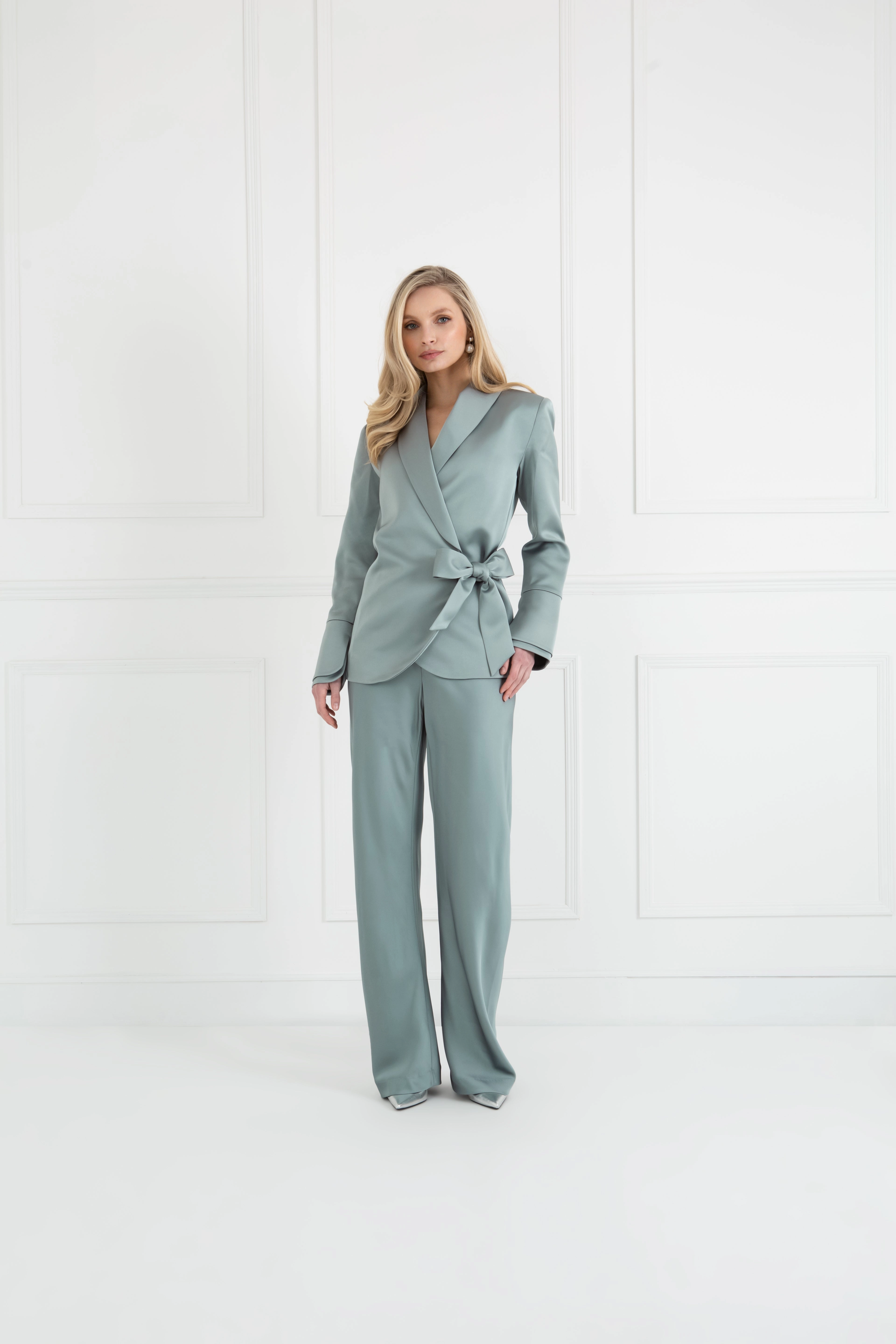 "The Sarah" Wrap Blazer (Icy Sage) Comfortable Waist Design