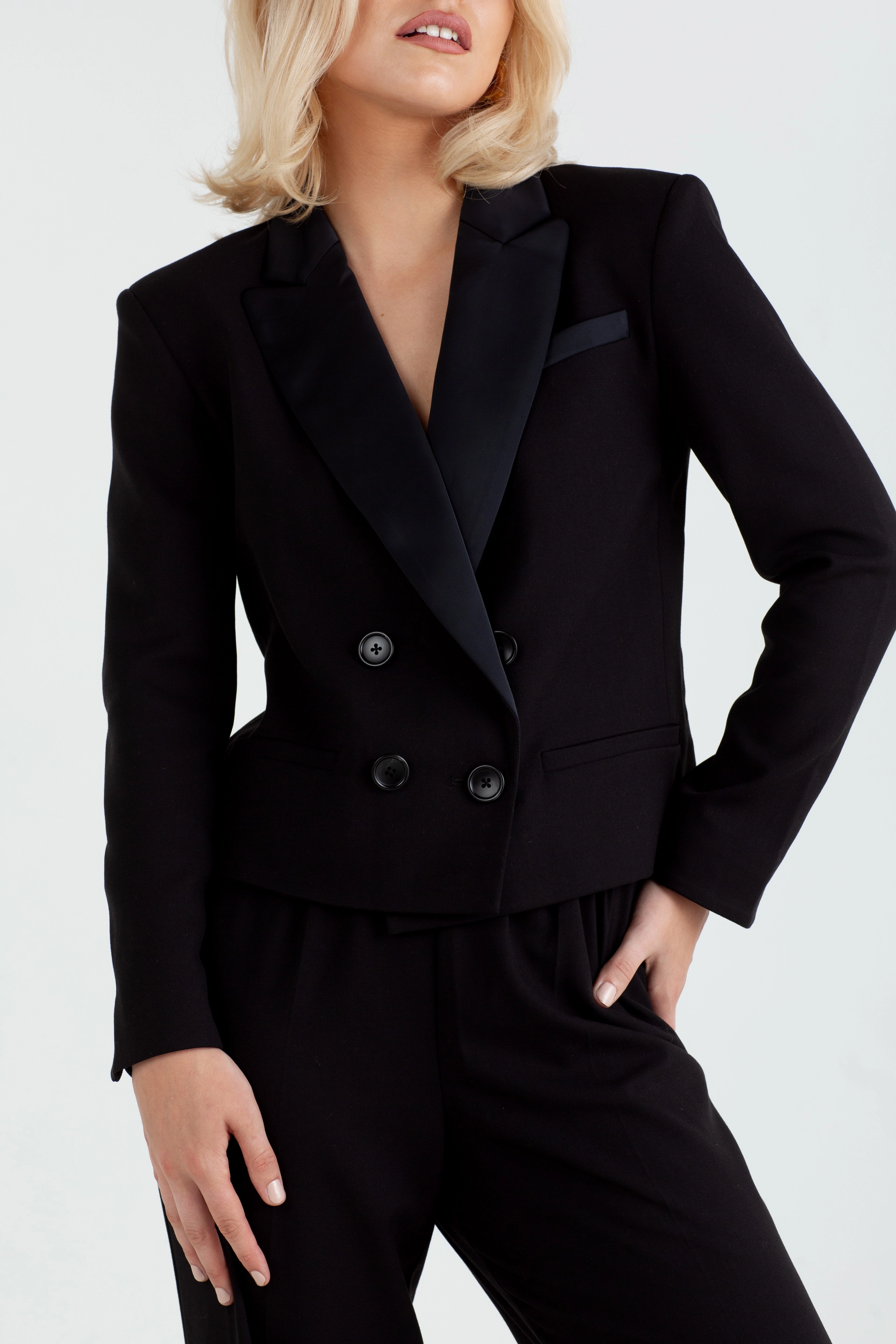 "The Tori" - Crop Blazer (Black) Gentle Drape Unique Cut