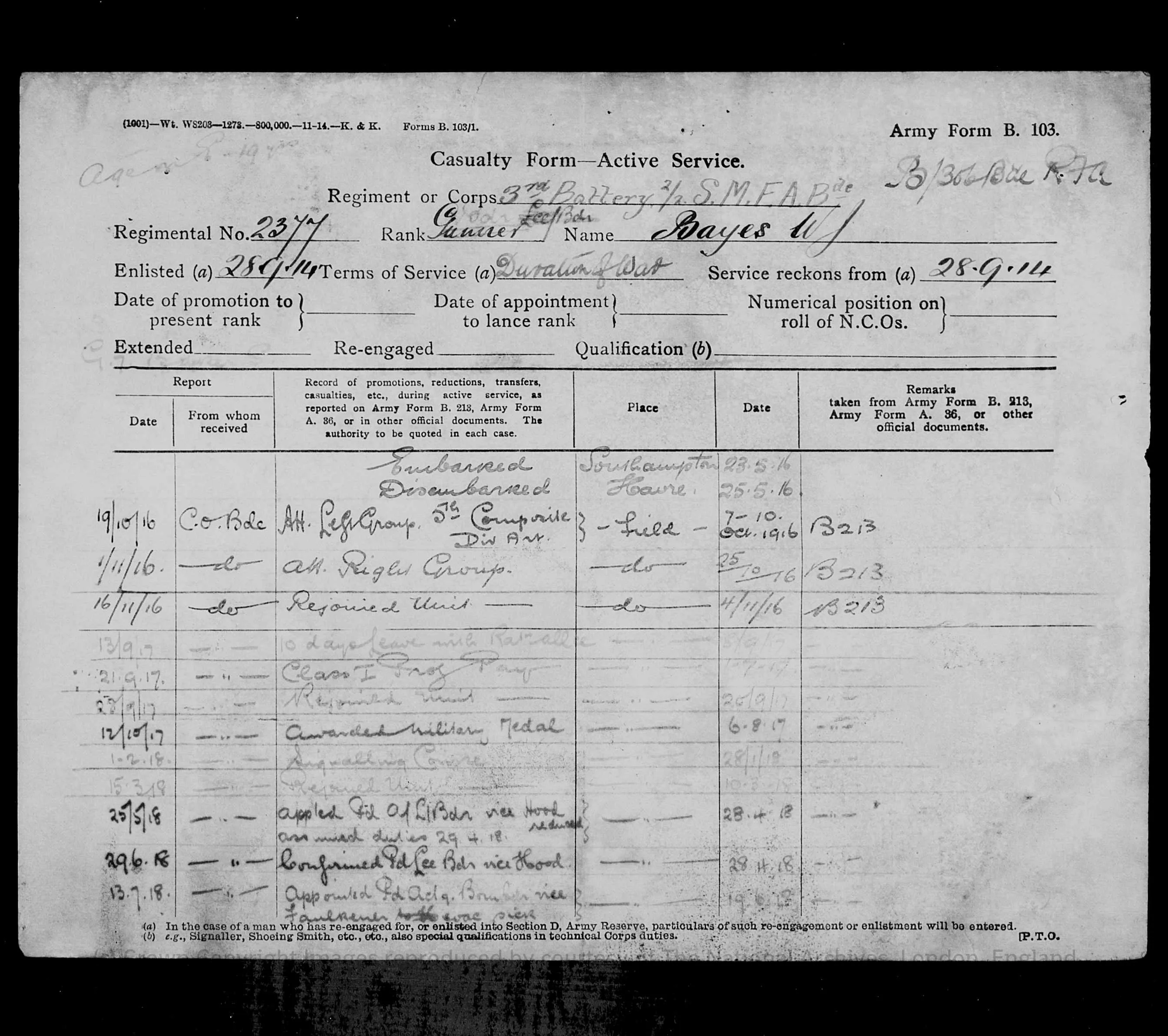A Great War M.M. Group 830509 Gunner W.J. Bayes of the B/306 Brigade, RFA