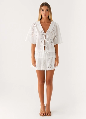 Water Repellent Finish Summer Escape Embroidered Mini Skirt - White