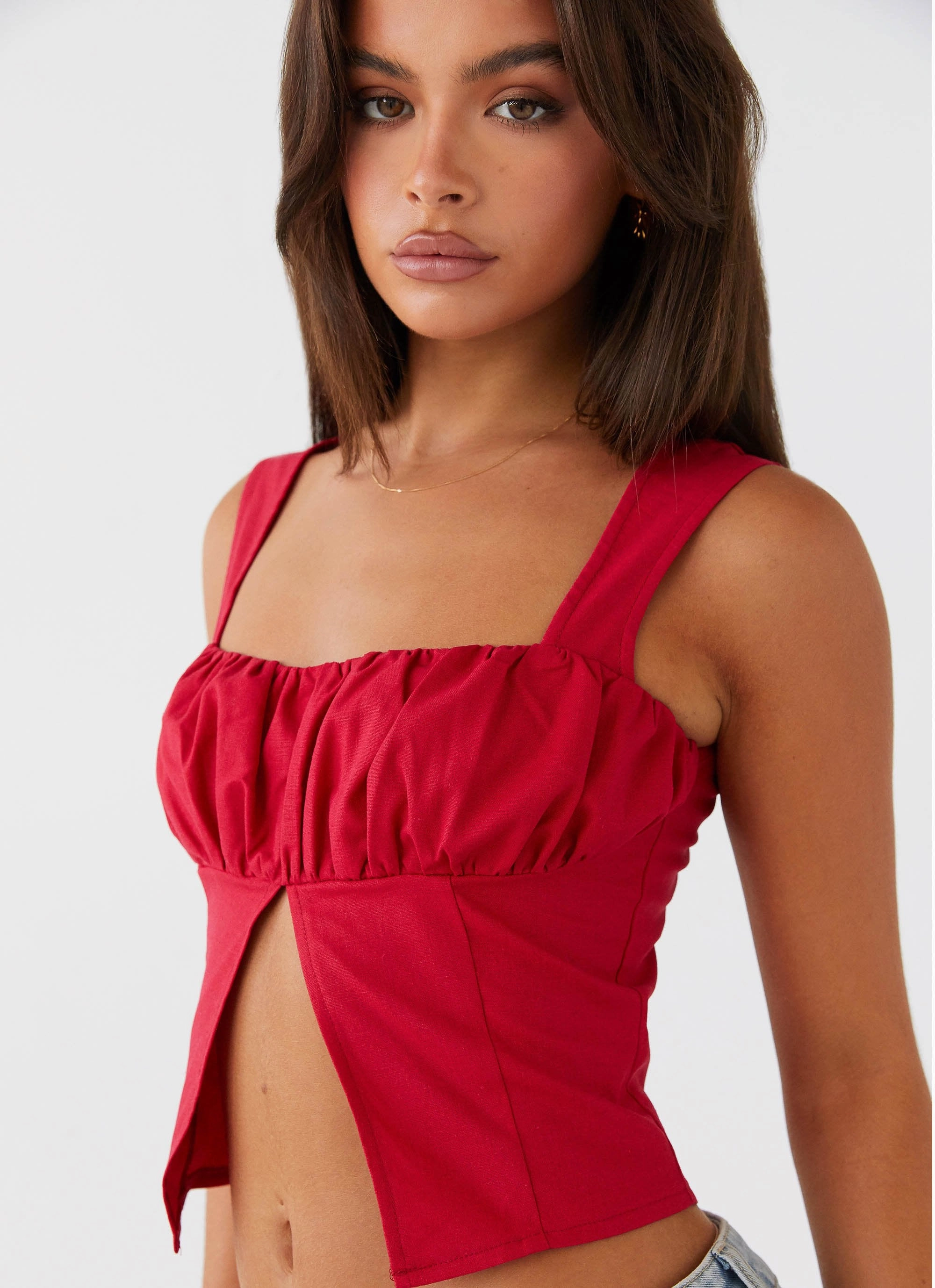 Non Irritating Seam Finish A Poet's Notes Linen Top - Red