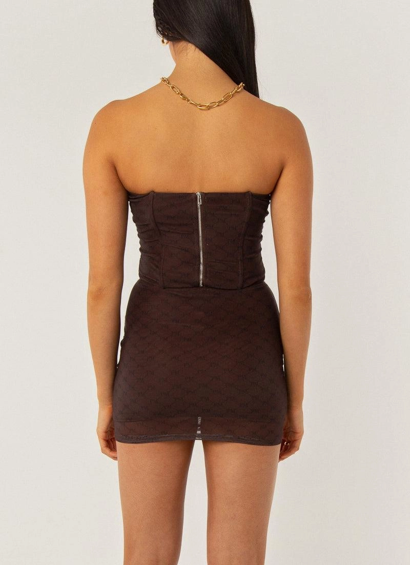 Abbie Print Mini Skirt - Chocolate Monogram Stretchable Waistband