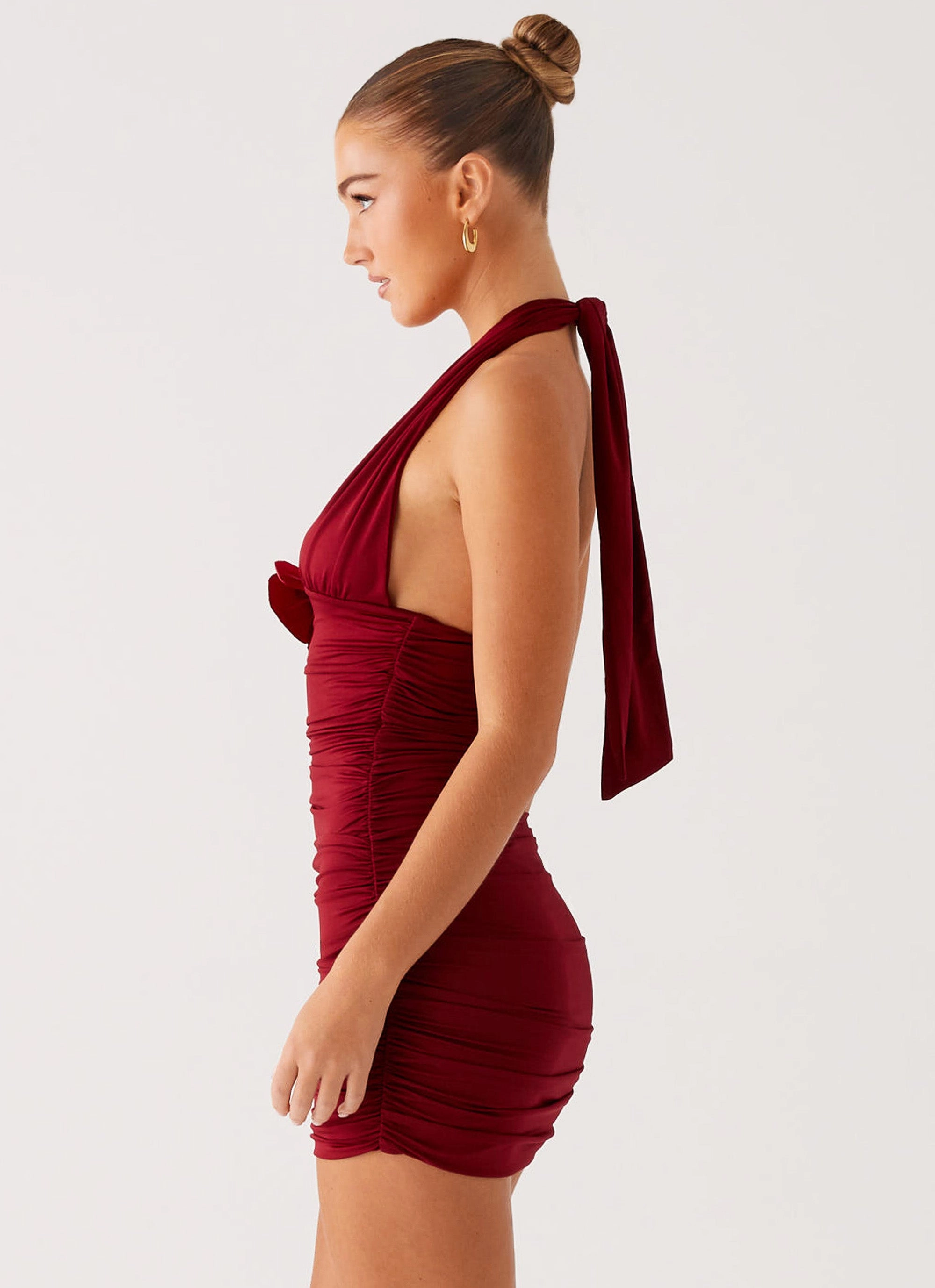 Abelia Halter Mini Dress - Maroon Comfort Stretch Layered Design