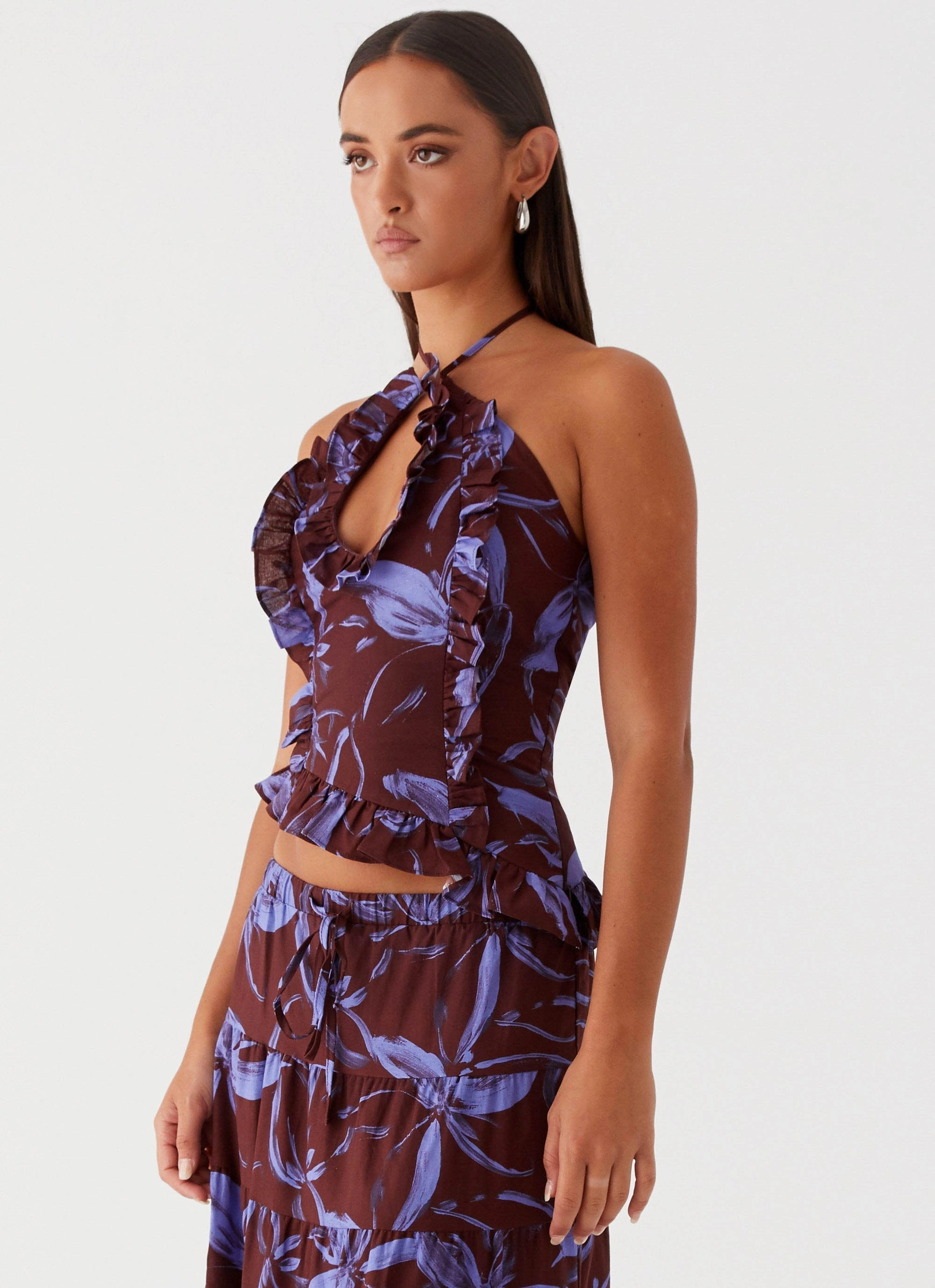 Bonded Seam Construction Mariella Linen Top - Purple Brown Floral