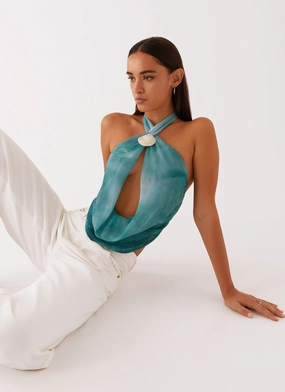 MeshPanelIntegration Zola Cowl Neck Shell Top - Green Tie Dye