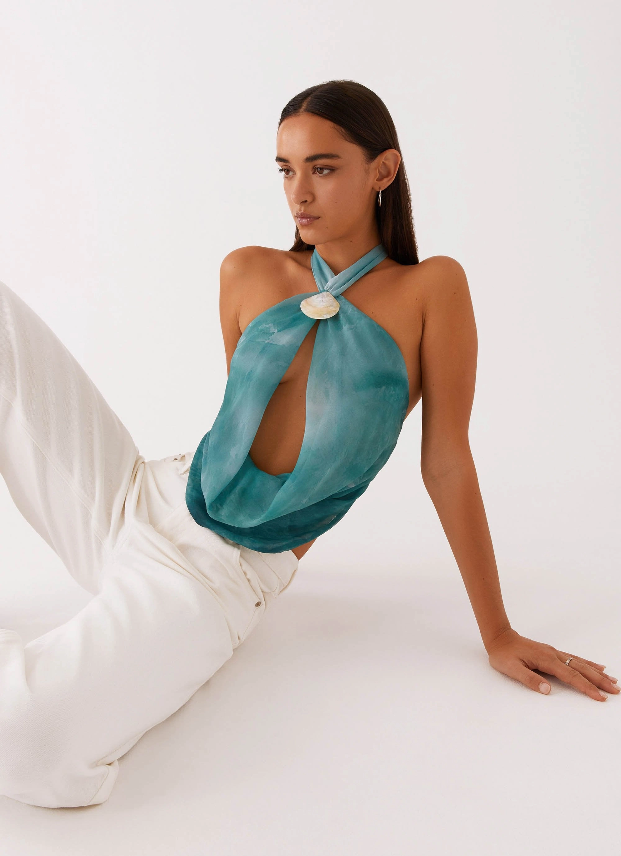 MeshPanelIntegration Zola Cowl Neck Shell Top - Green Tie Dye