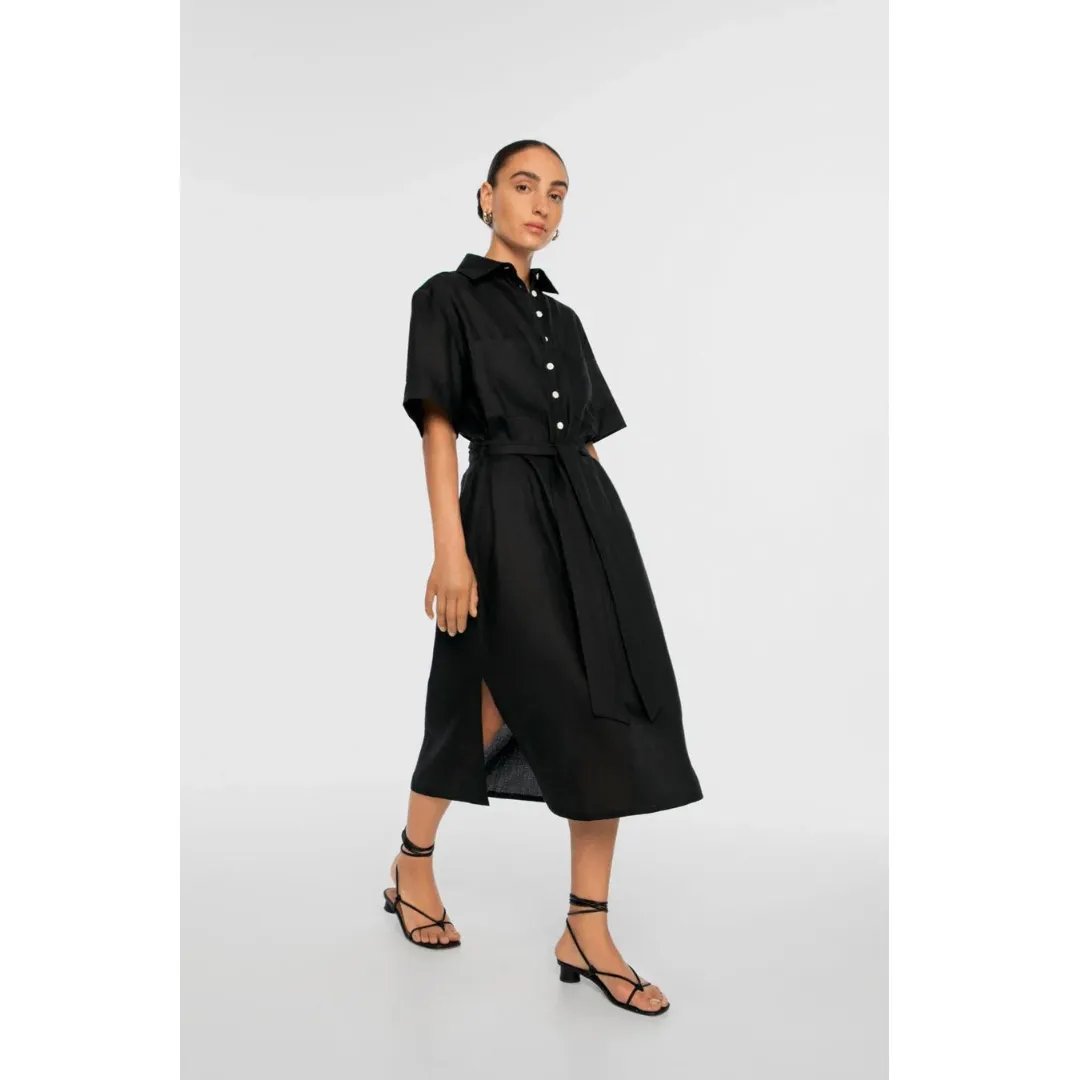 DAL THE LABEL Linen Midi Shirtdress, Black Roll-up style