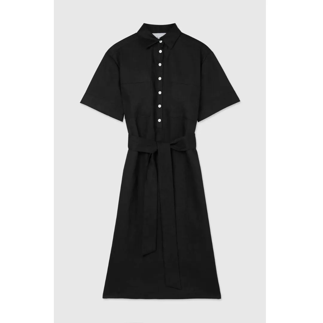 DAL THE LABEL Linen Midi Shirtdress, Black Durable Activewear Breathable Weave Fabric