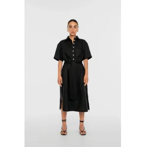 Stretching Fit Tangle Free Cuffs DAL THE LABEL Linen Midi Shirtdress, Black