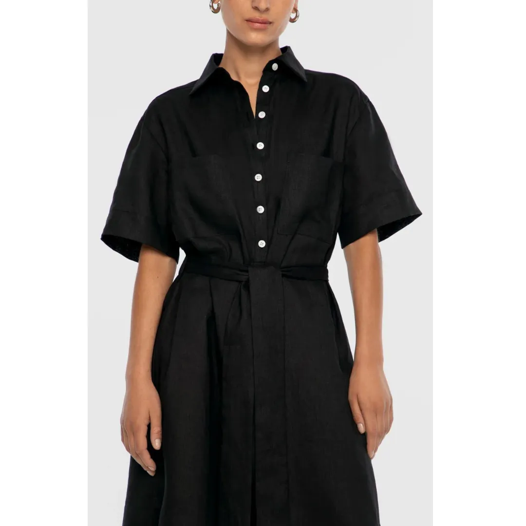 DAL THE LABEL Linen Midi Shirtdress, Black Breathable Layer