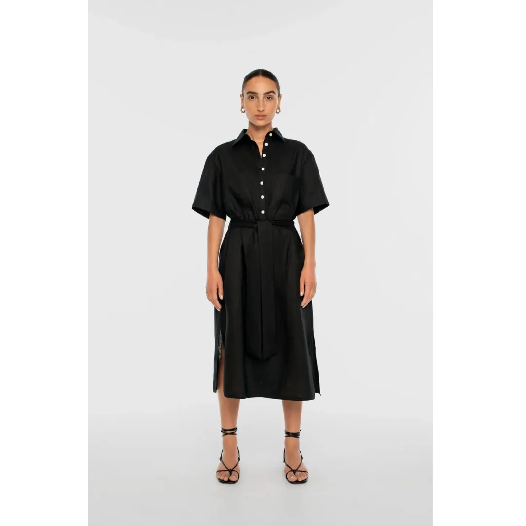 Stretching Fit Tangle Free Cuffs DAL THE LABEL Linen Midi Shirtdress, Black