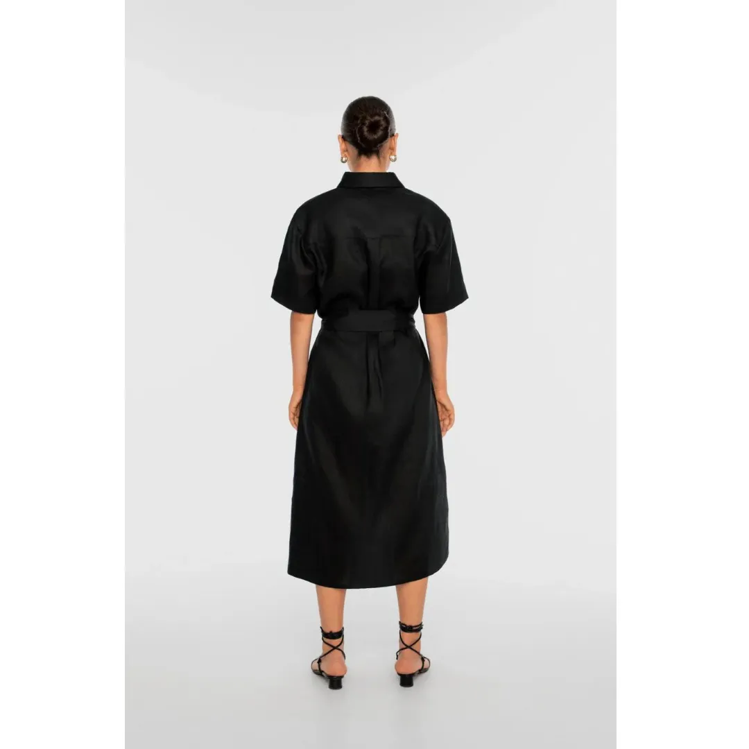 DAL THE LABEL Linen Midi Shirtdress, Black Trendy Look windproof