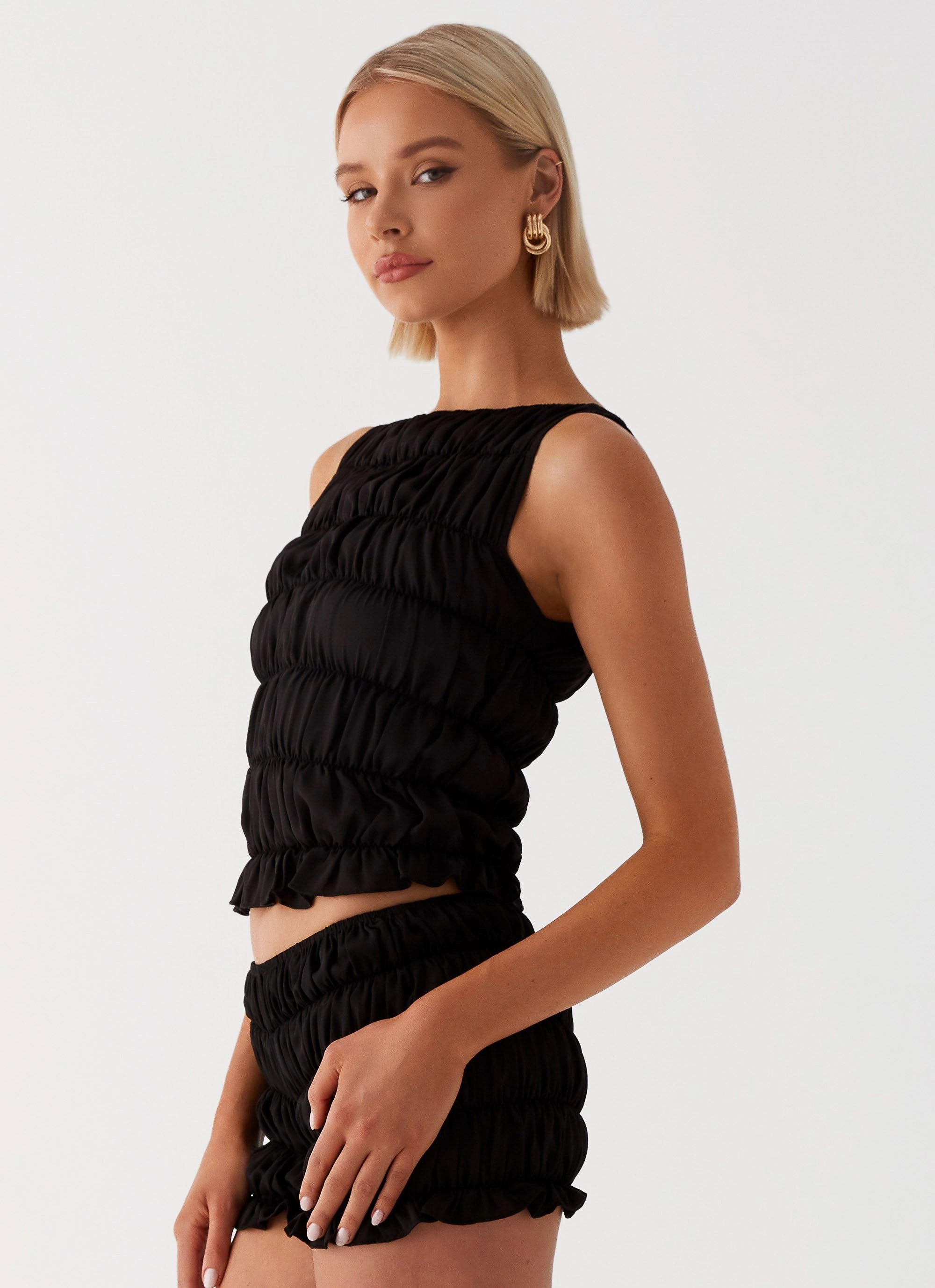 Bamboo Derived Material FourWayStretch Messina Ruched Tank Top - Black