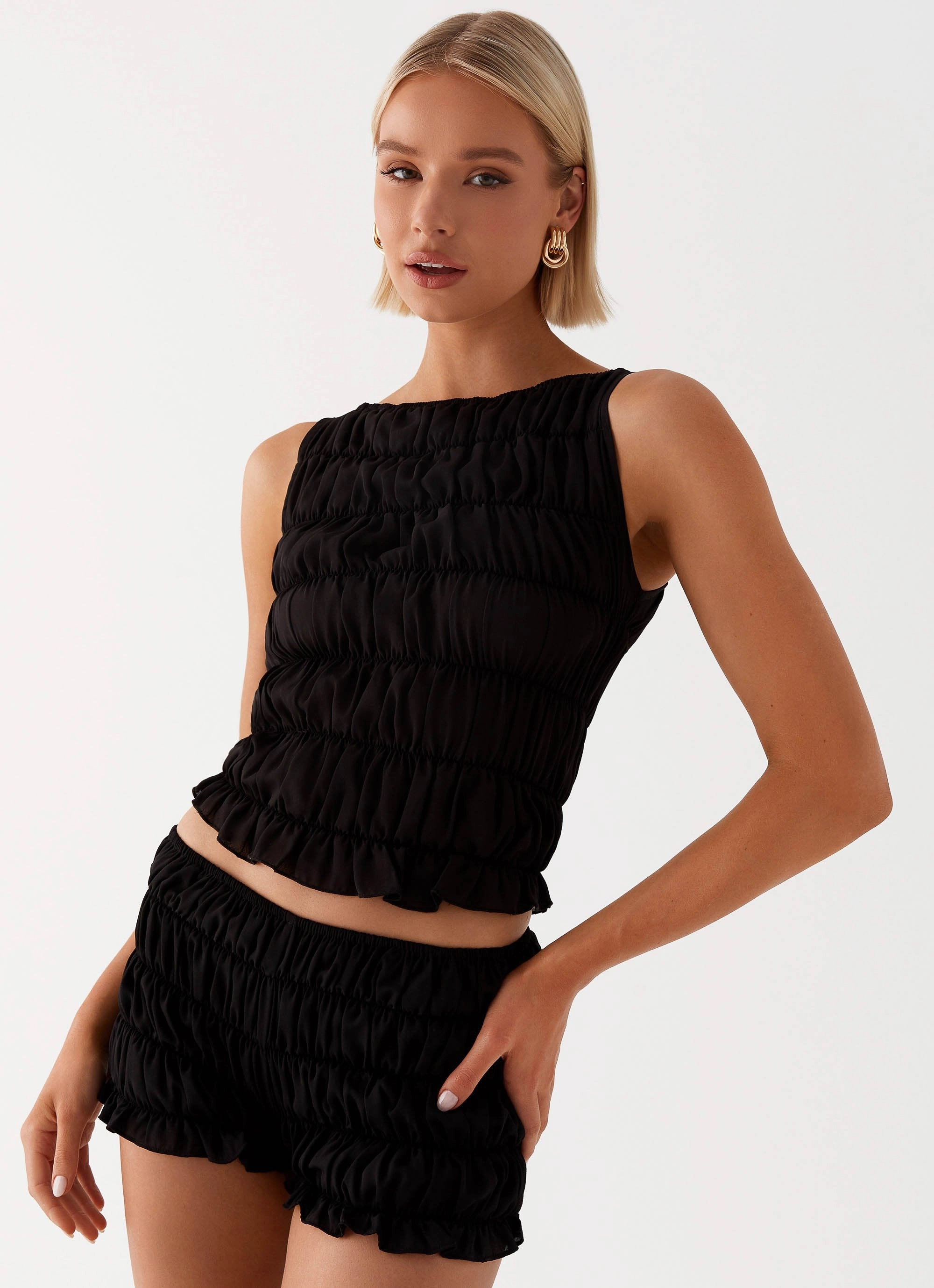 BondedEdges Soft Touch Messina Ruched Tank Top - Black