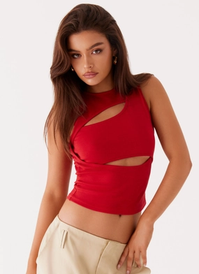 Beyond Cut Out Mesh Top - Red Organic Cotton Fiber Minimalist Collar