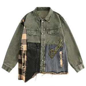Abstract Plaid Patchwork Denim Jacket