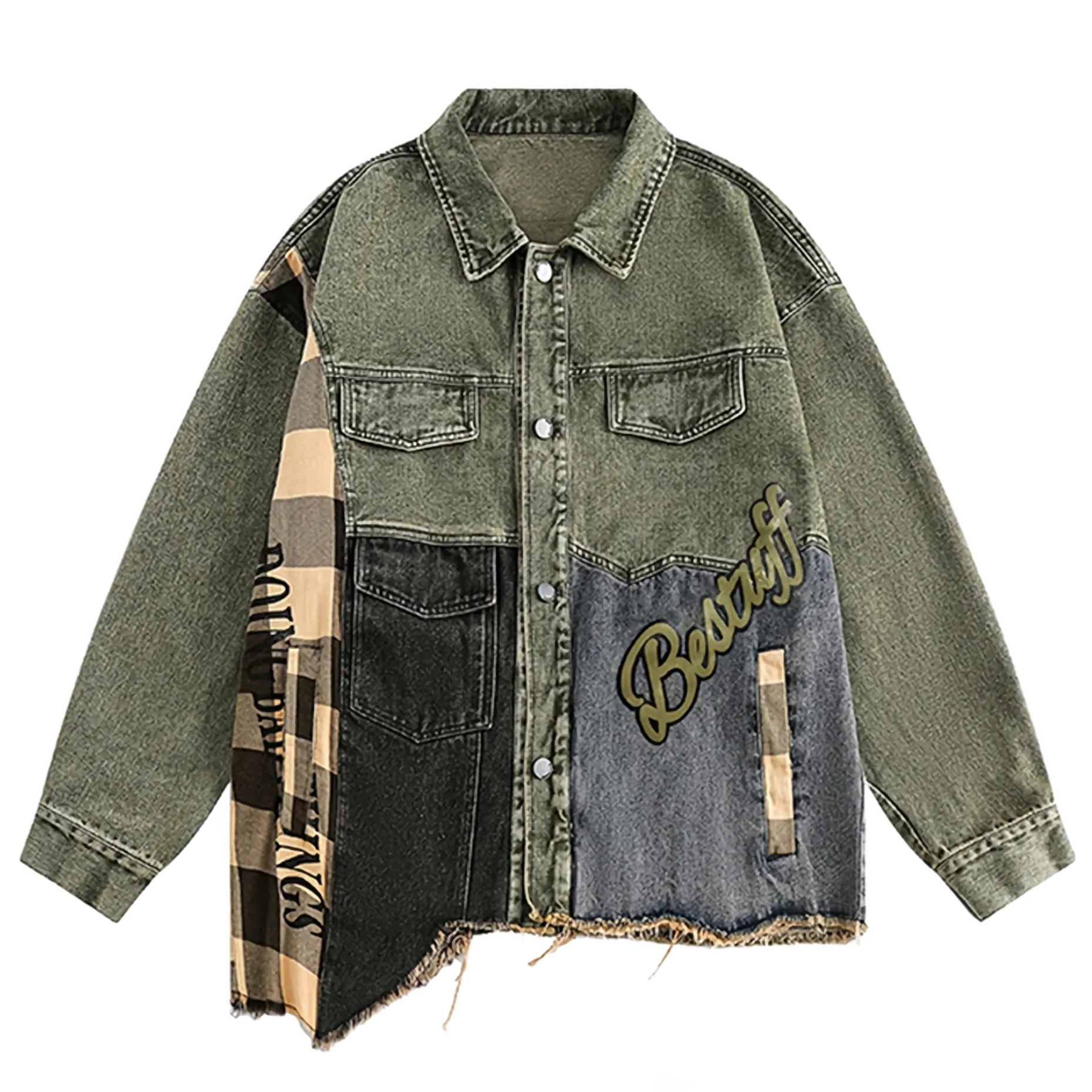 Abstract Plaid Patchwork Denim Jacket
