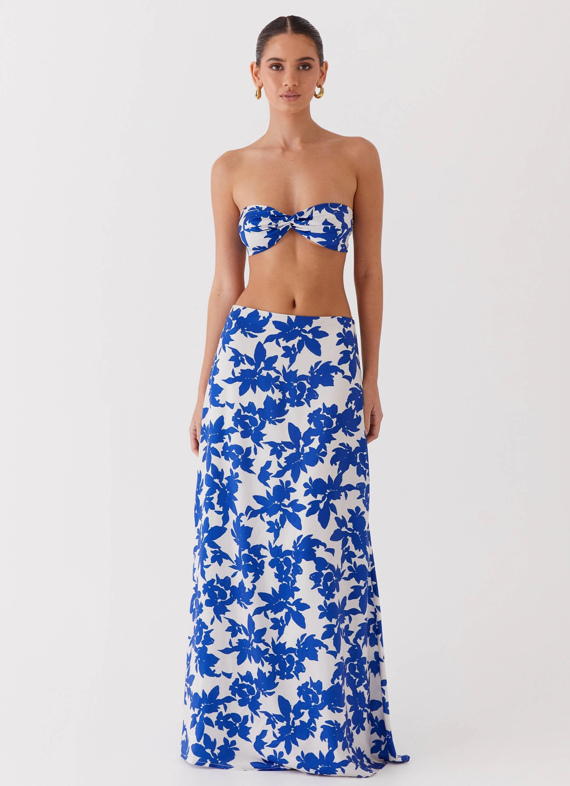 Sky Gaze Low Rise Maxi Skirt - Blue Floral Double Stitched