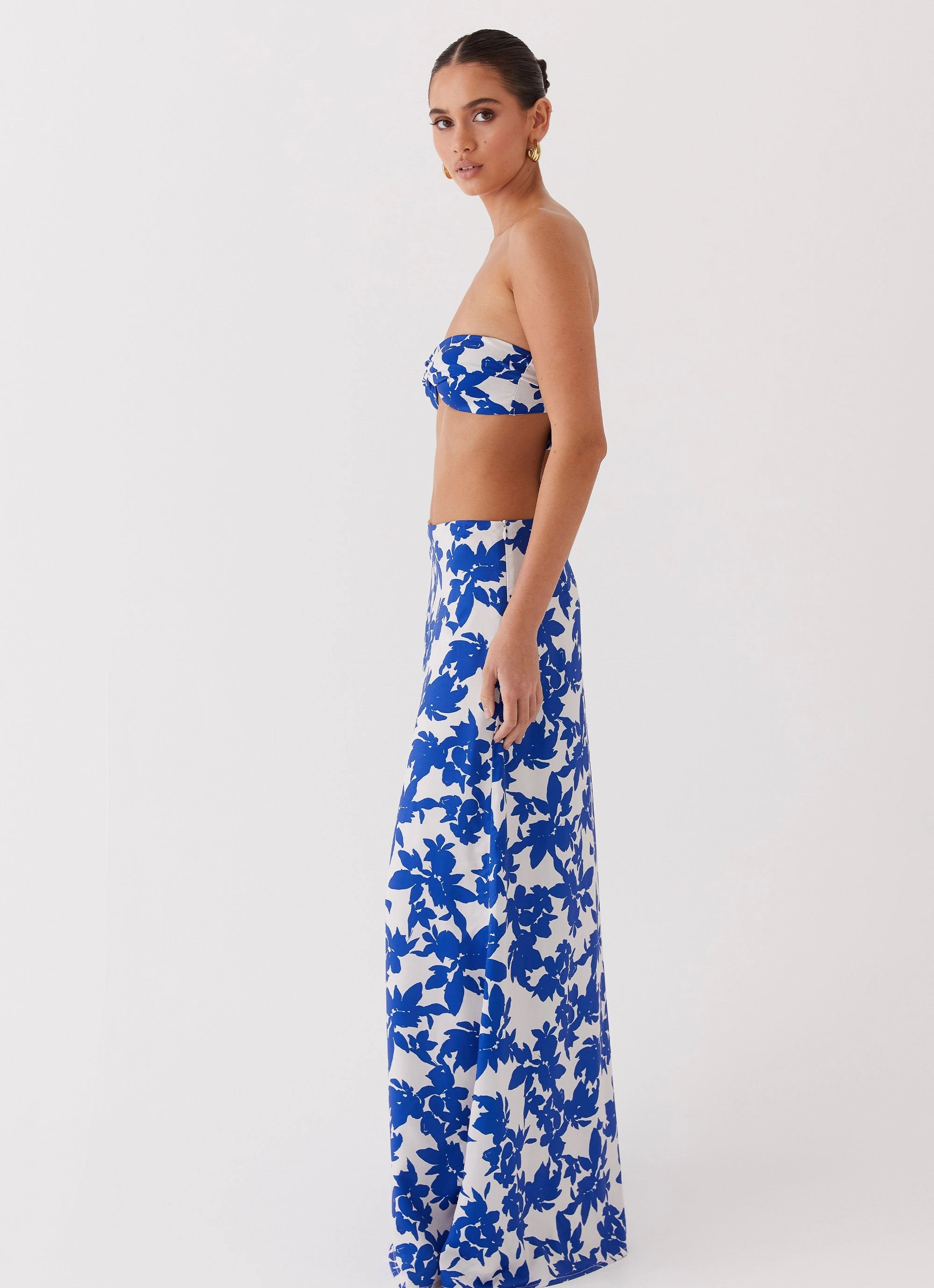 Sky Gaze Low Rise Maxi Skirt - Blue Floral Celebrity Style