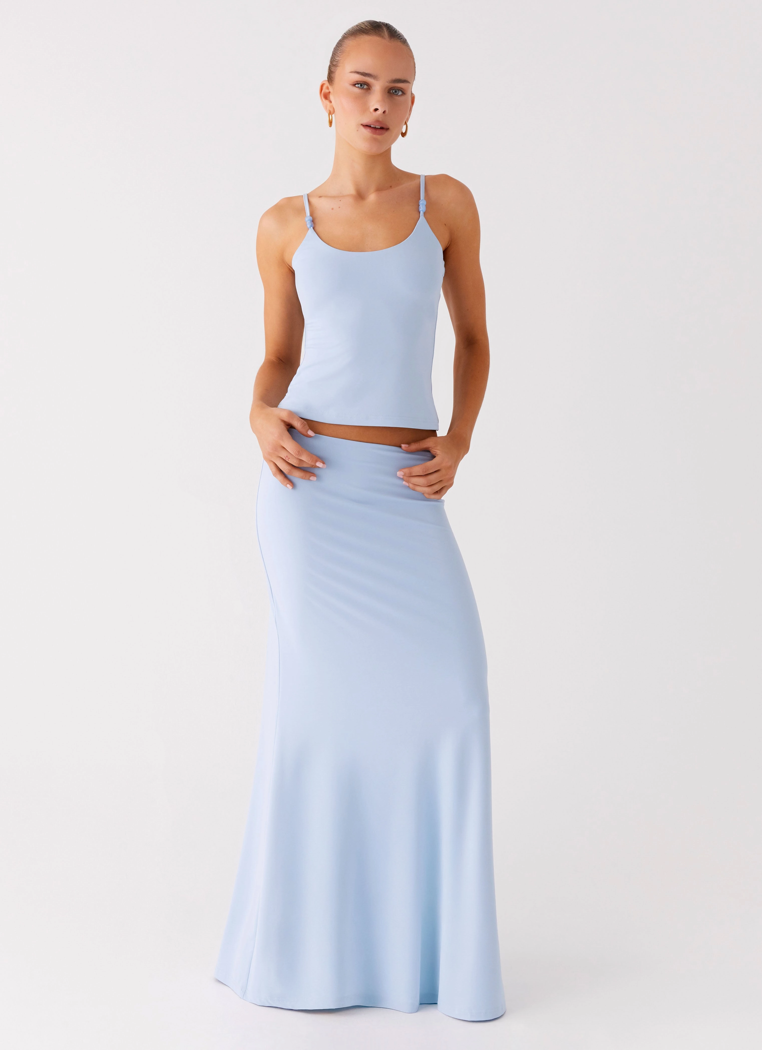 Like A Flower Maxi Skirt - Baby Blue TaperedLeg HighDensityWeave