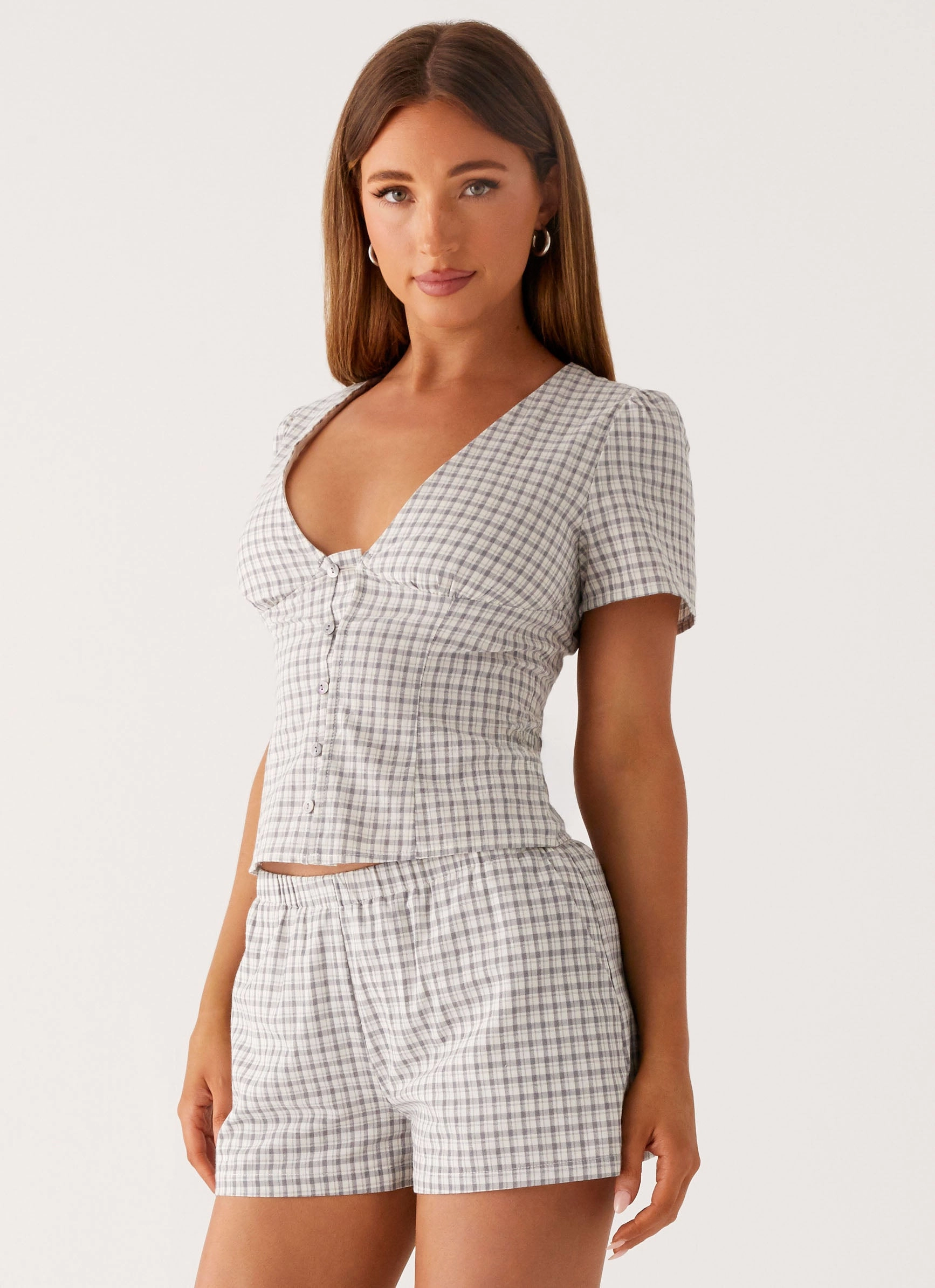 Long Sleeve Polo Adalina Button Up Top - Grey Check