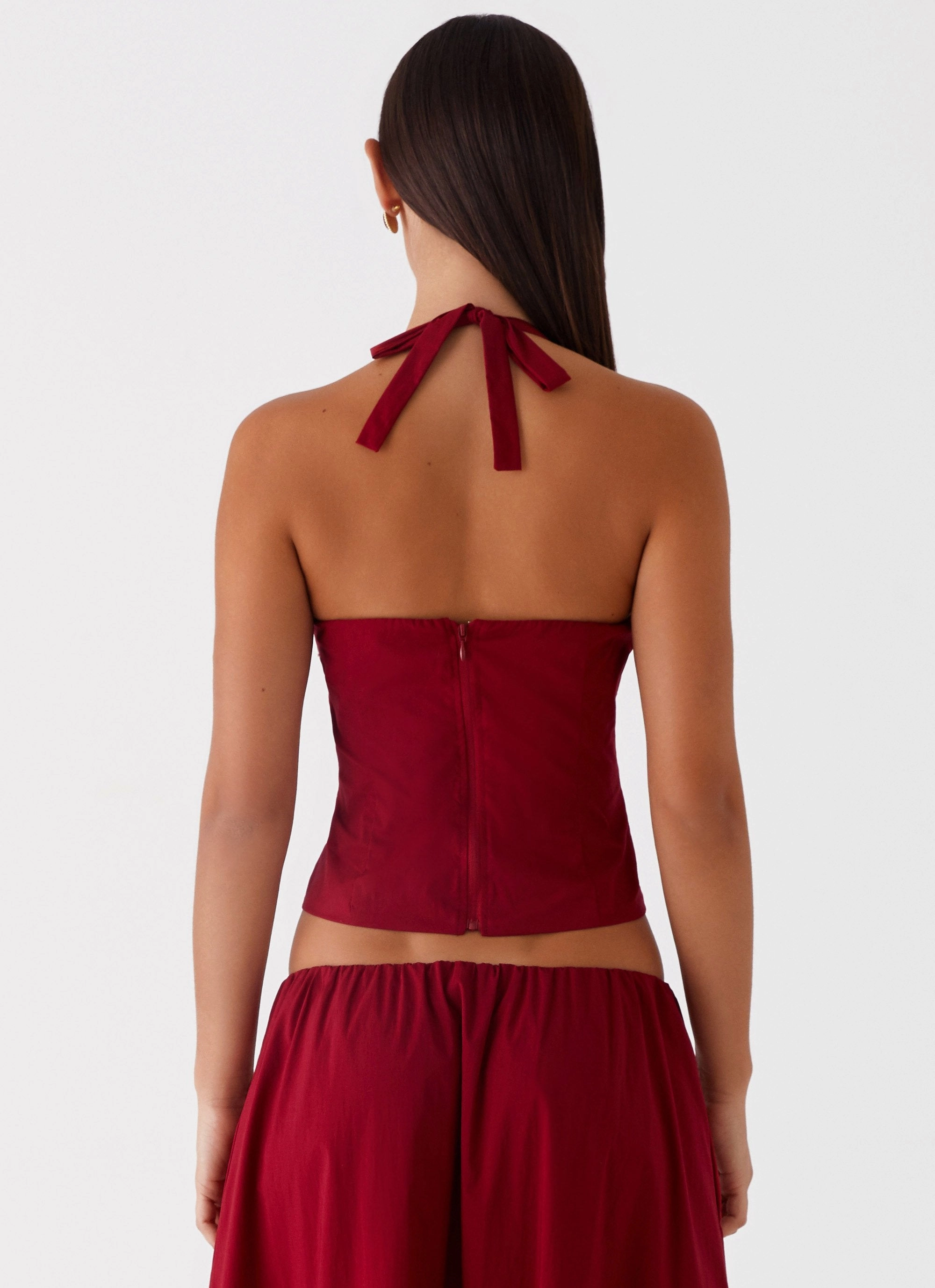 Sleeveless Top preshrunk Cheryl Bustier Halter Top - Cherry Red