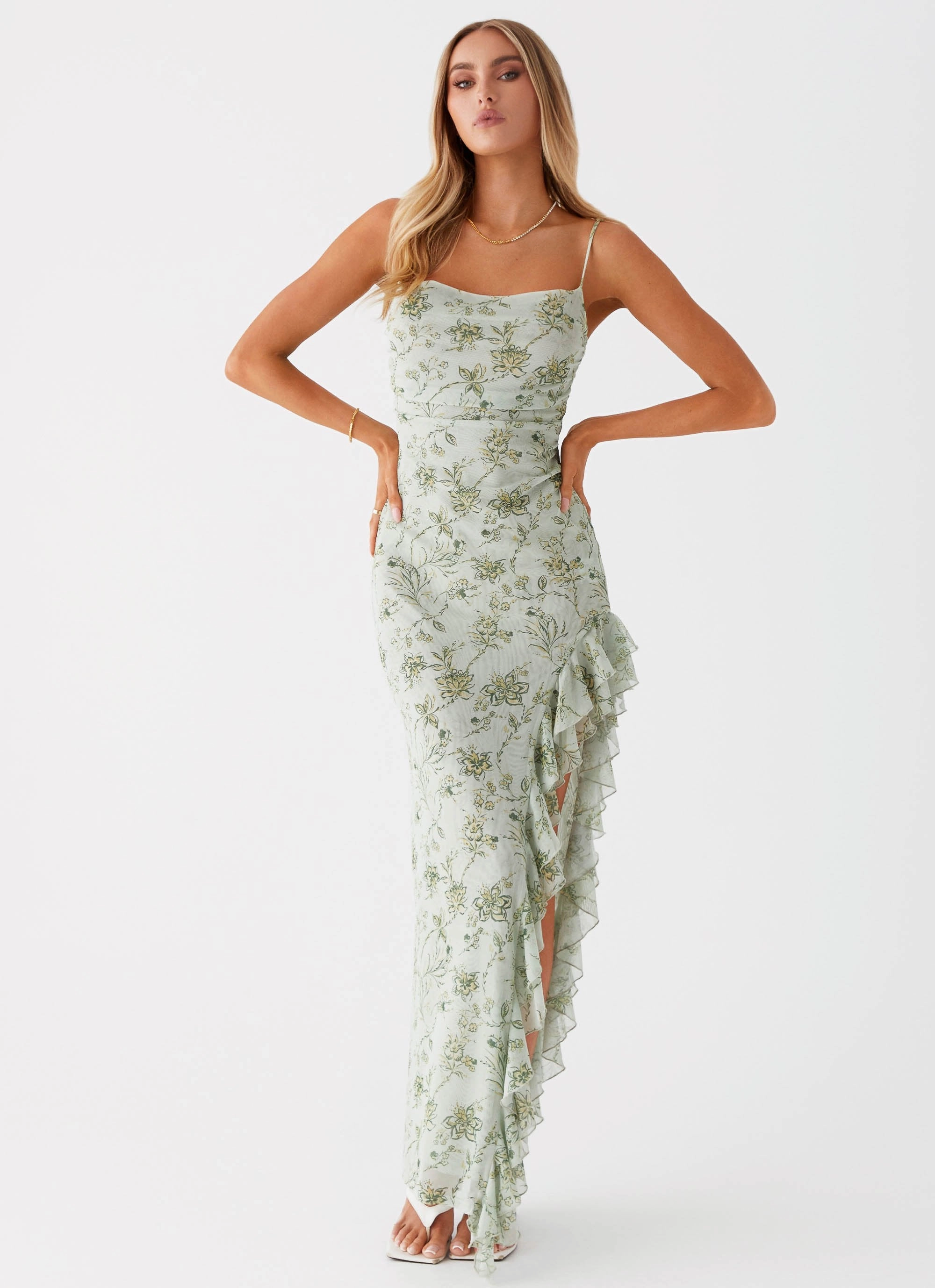 Tie-Detail Interchangeable-Detail Princessa Maxi Dress - Sage Floral