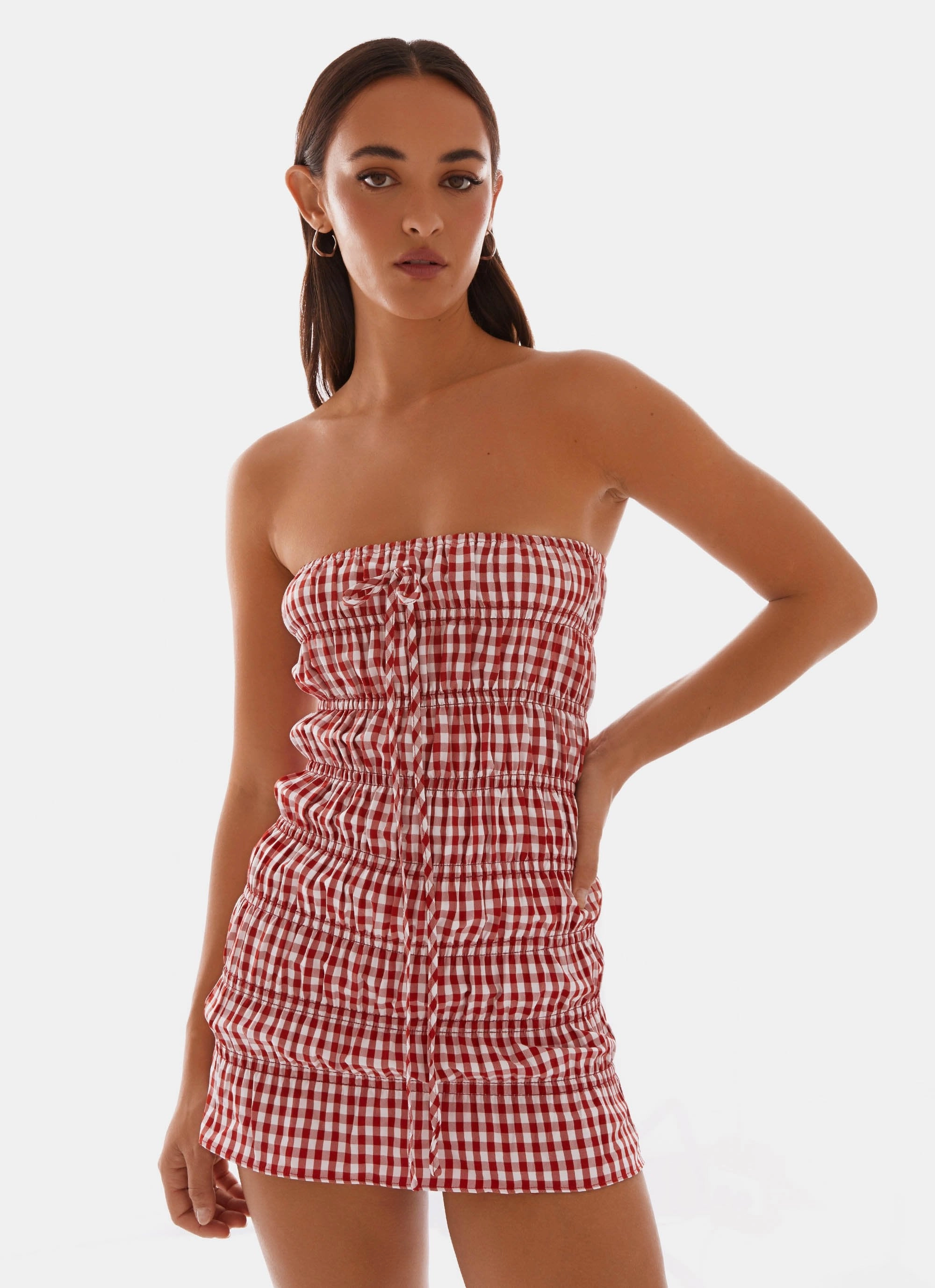 Adele Mini Dress - Red Gingham Stretch-Recovery