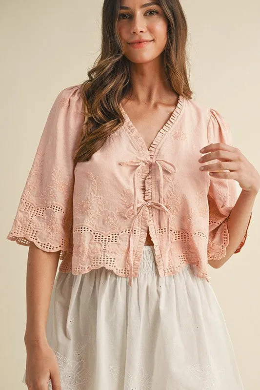 MultiDirectionalStretch Hygroscopic Inner Layer Daisy Tie Front Blouse- Oatmeal