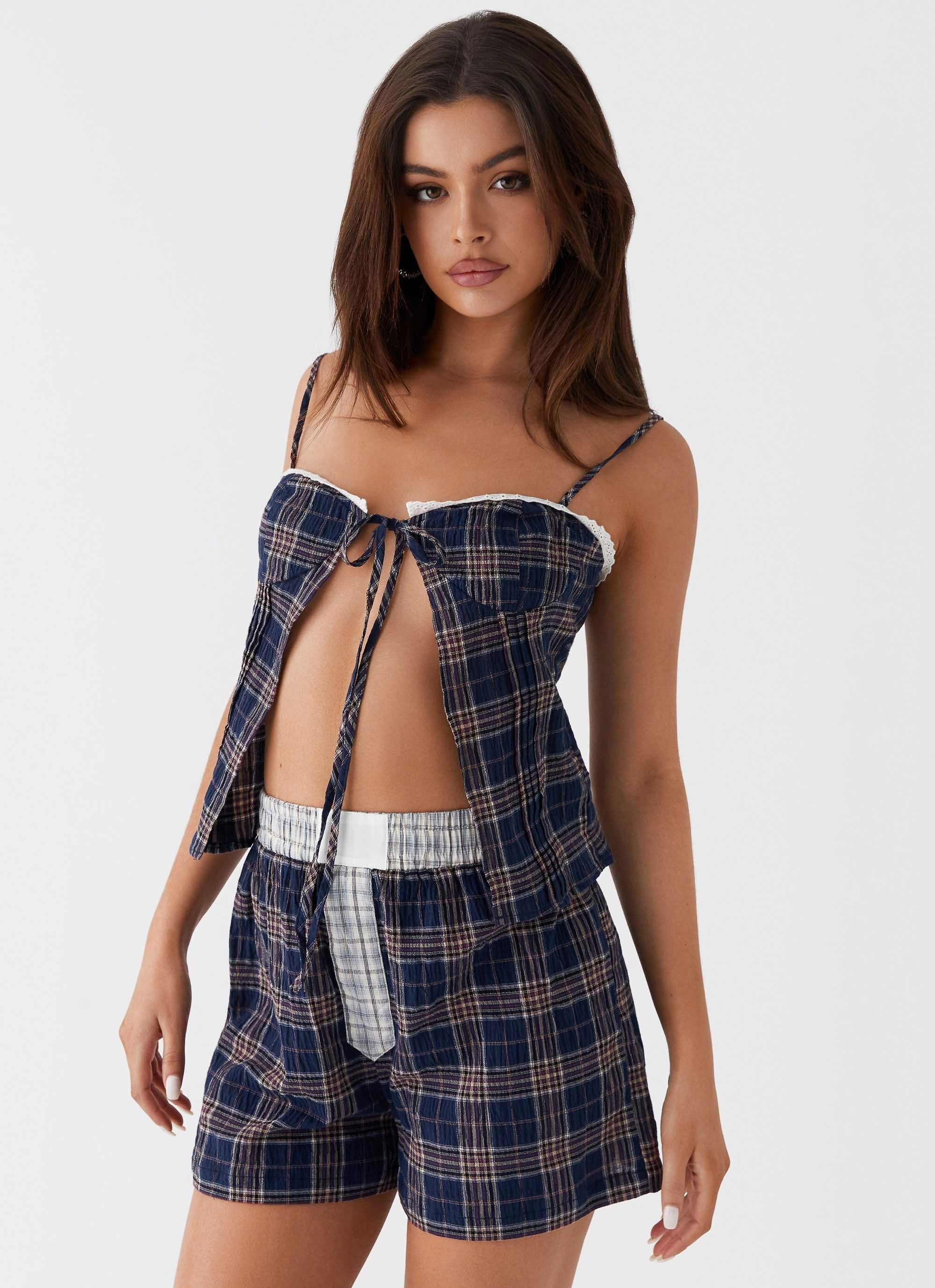 Tamaira Tie Top - Navy Check MicrofiberBlend