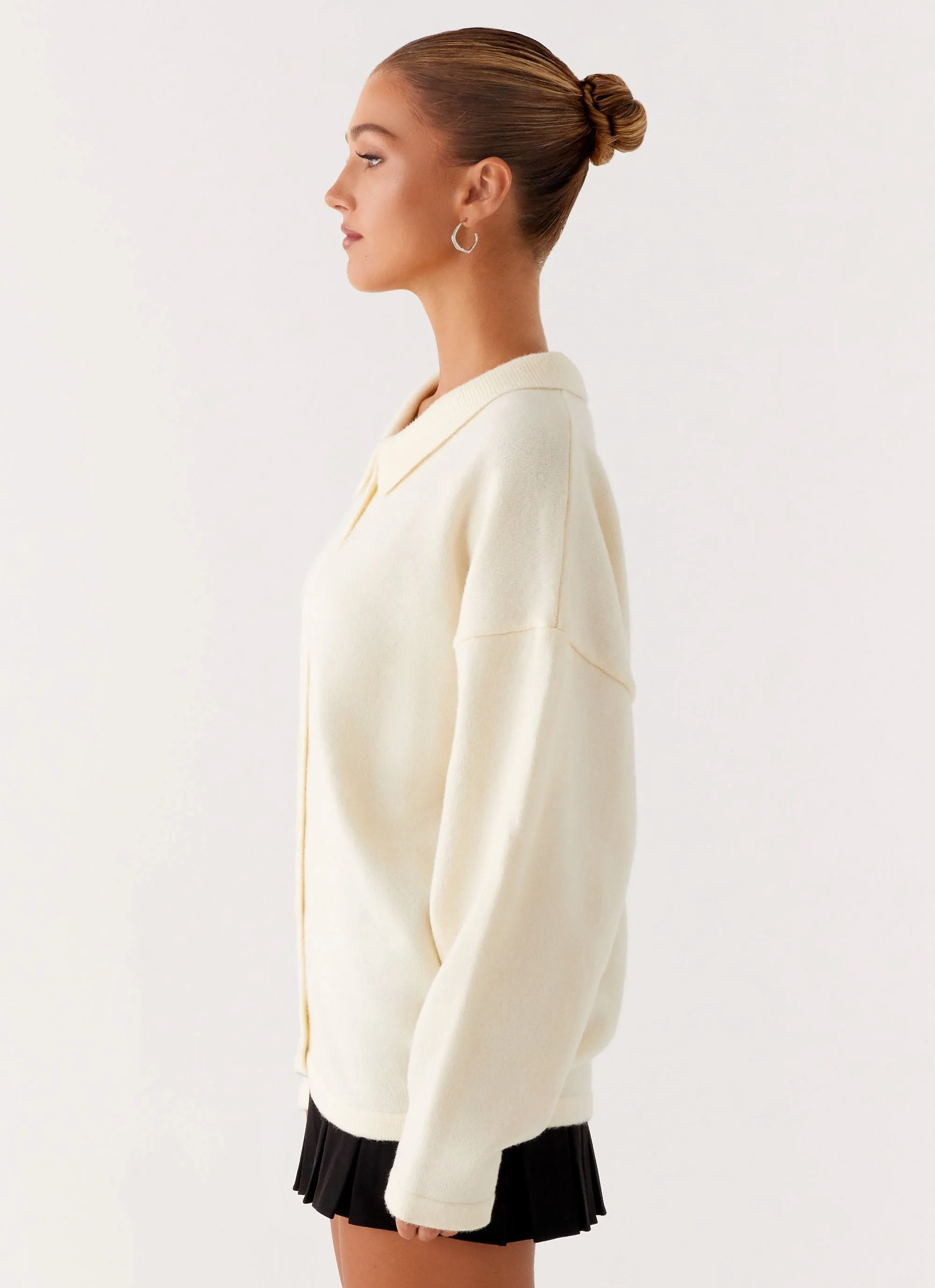 Dorian Button Knit Sweater - Ivory Textured Fabric Finish Quick Release Buttons
