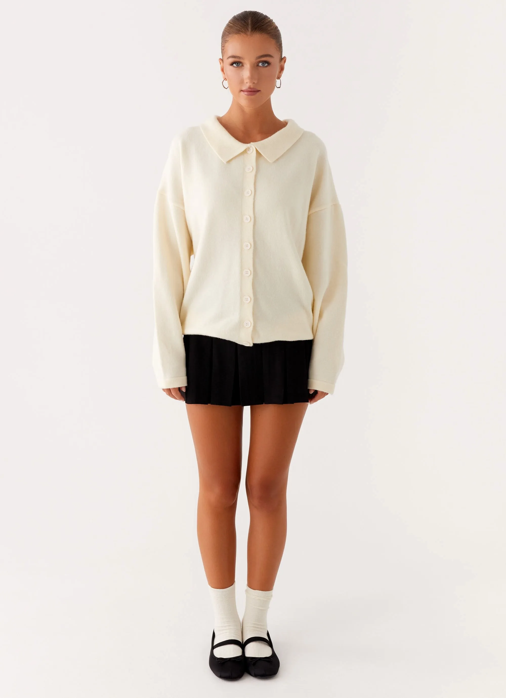 StretchFabric Rolled Hem Detailing Dorian Button Knit Sweater - Ivory